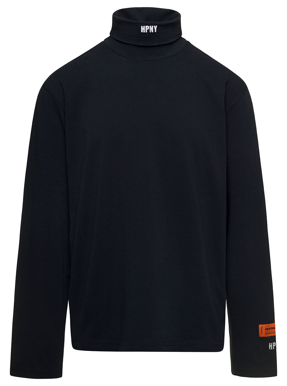 HERON PRESTON Black Turtleneck Pullover With Contrasting Logo Embroidery In Cotton Man