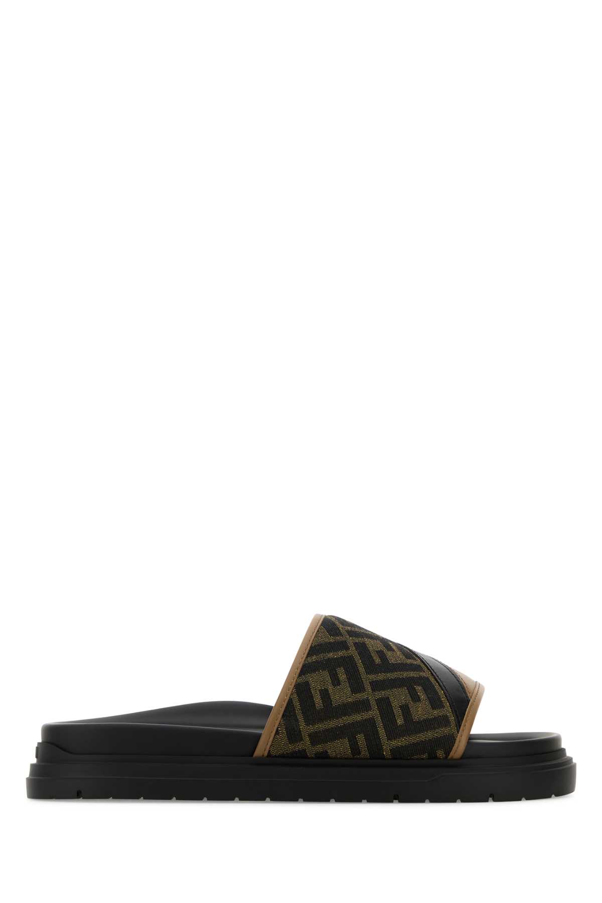 Shop Fendi Embroidered Canvas And Leather  Diagonal Slippers In Sandnertabacc.nero