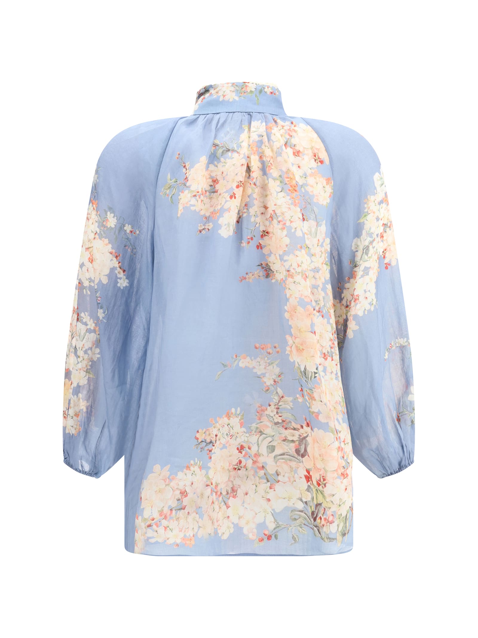 Zimmermann Cascadian Lace-trimmed Floral-print Ramie Blouse In Blue