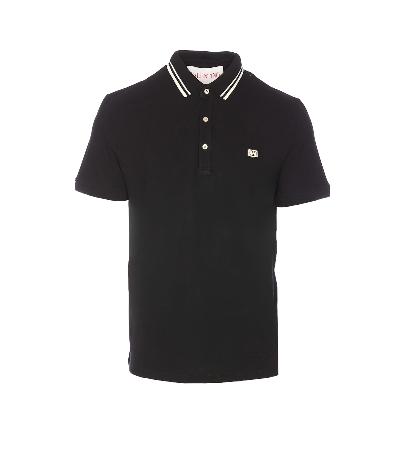 Valentino Garavani Black Polo Shirt With Classic Bicolor Collar And Logo Patch On The Front In Cotto In Black
