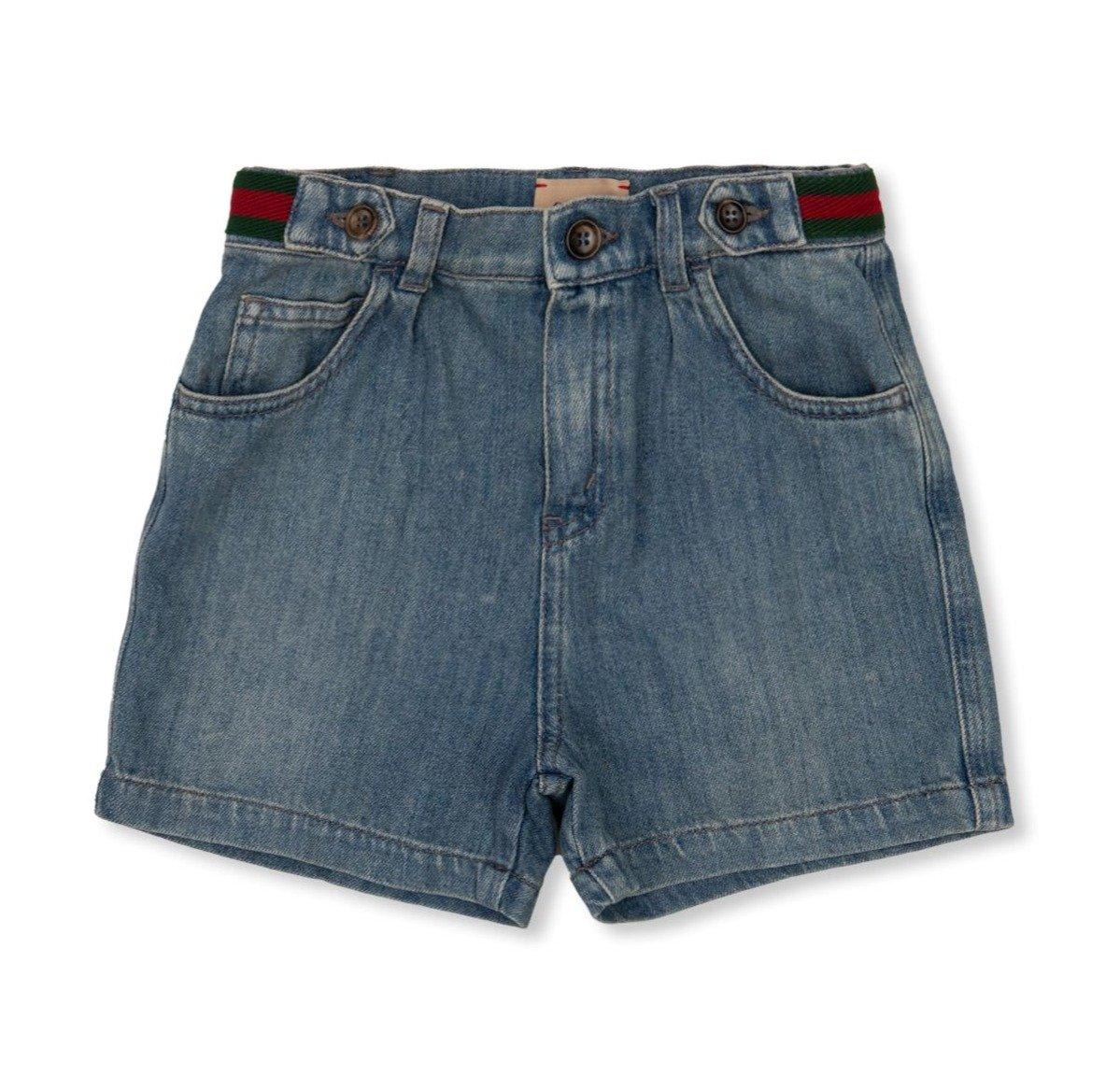 Shop Gucci Web Detailed Mid-rise Denim Shorts In Blue