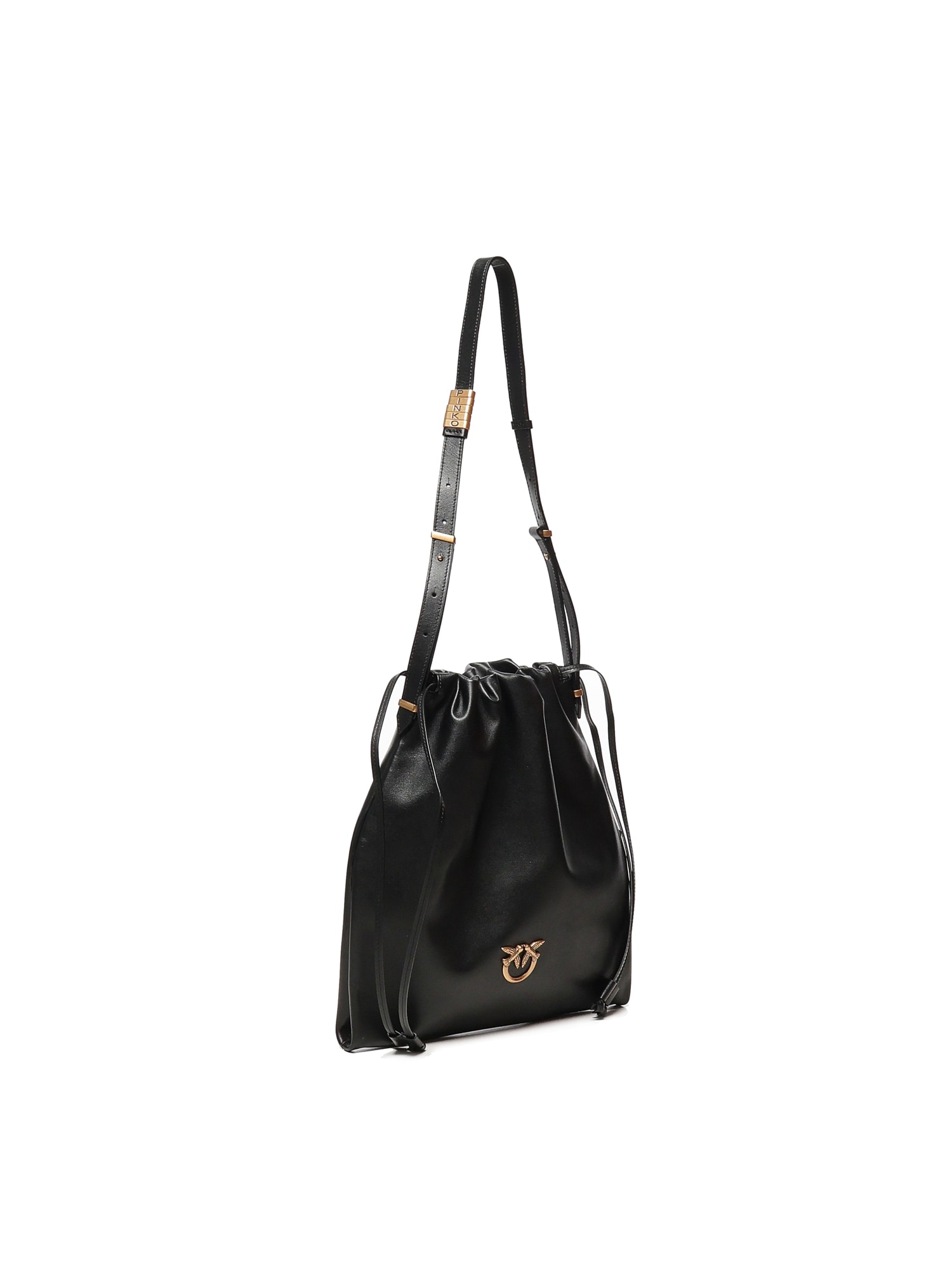 Pinko Drawstring Leather Shoulder Bag In Black
