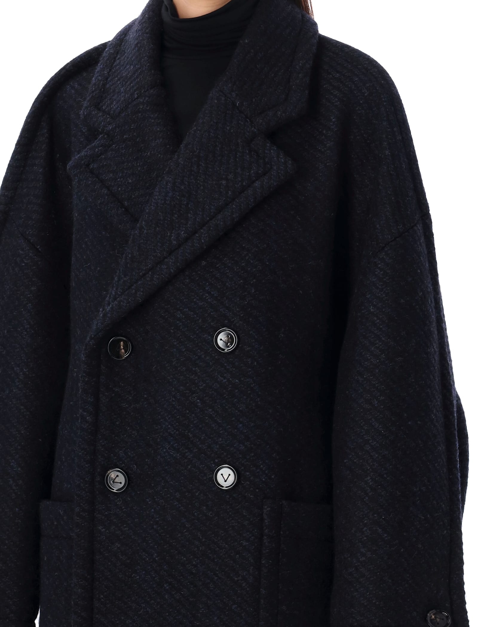 Shop Bottega Veneta Bicolor Diagonal Wool Coat In Black Navy