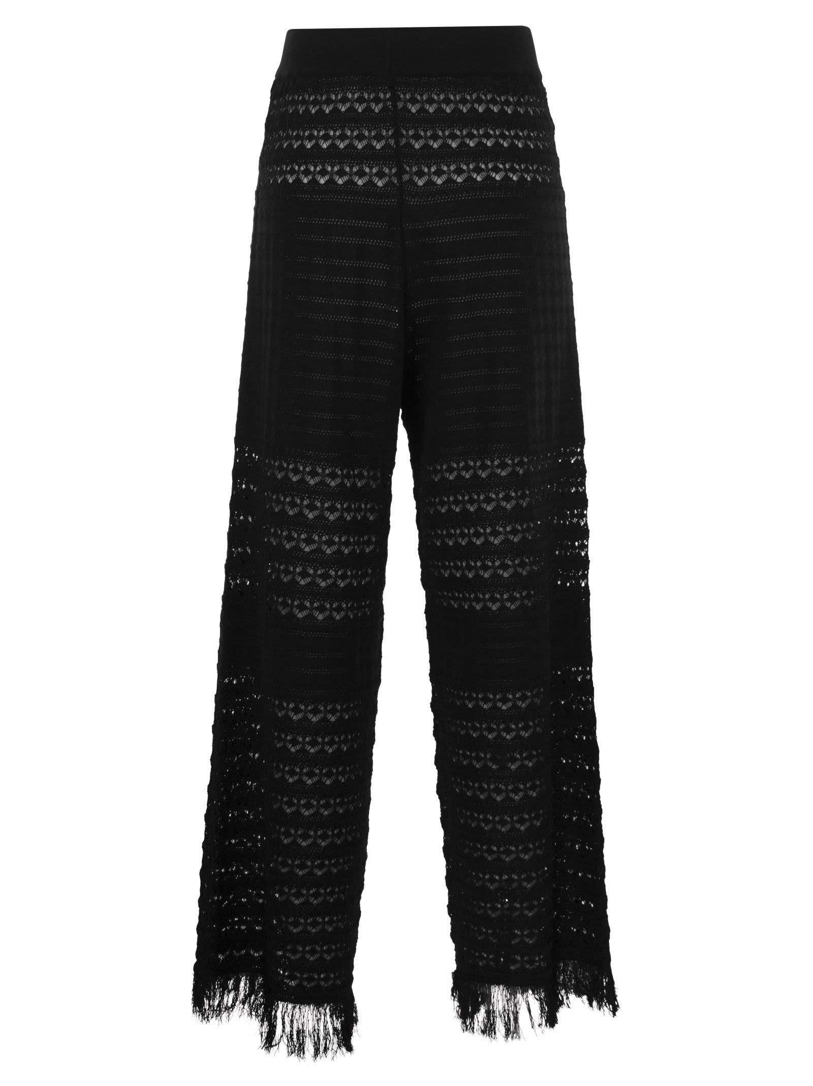Shop Elisabetta Franchi Lace Stitch Palazzo Trousers In Black