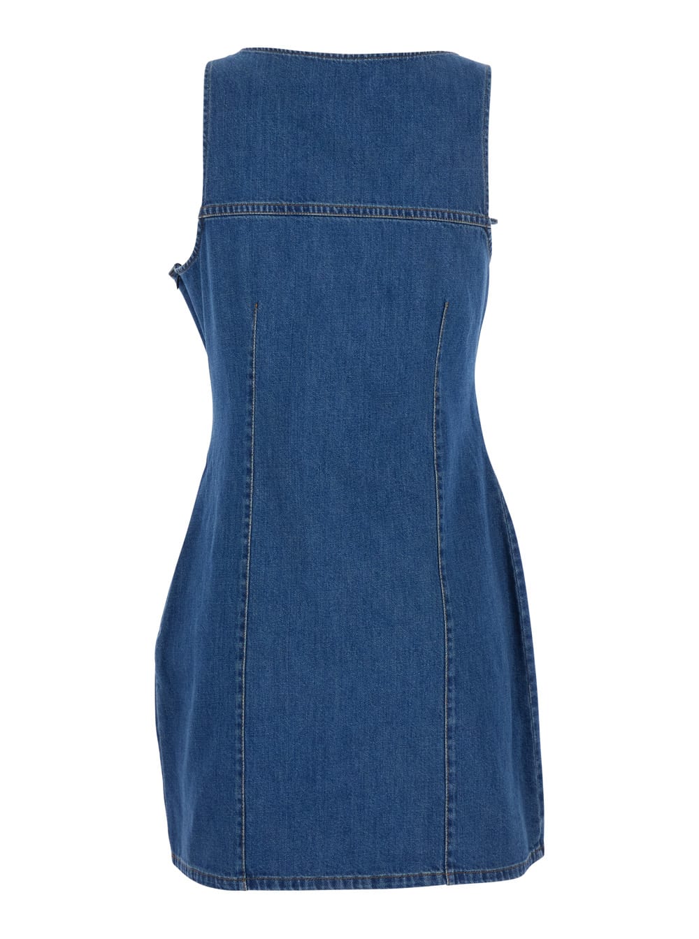 Blue Asymmetric Sleeveless Mini Dress With Cut-out Detail And Floral Patches In Denim Woman