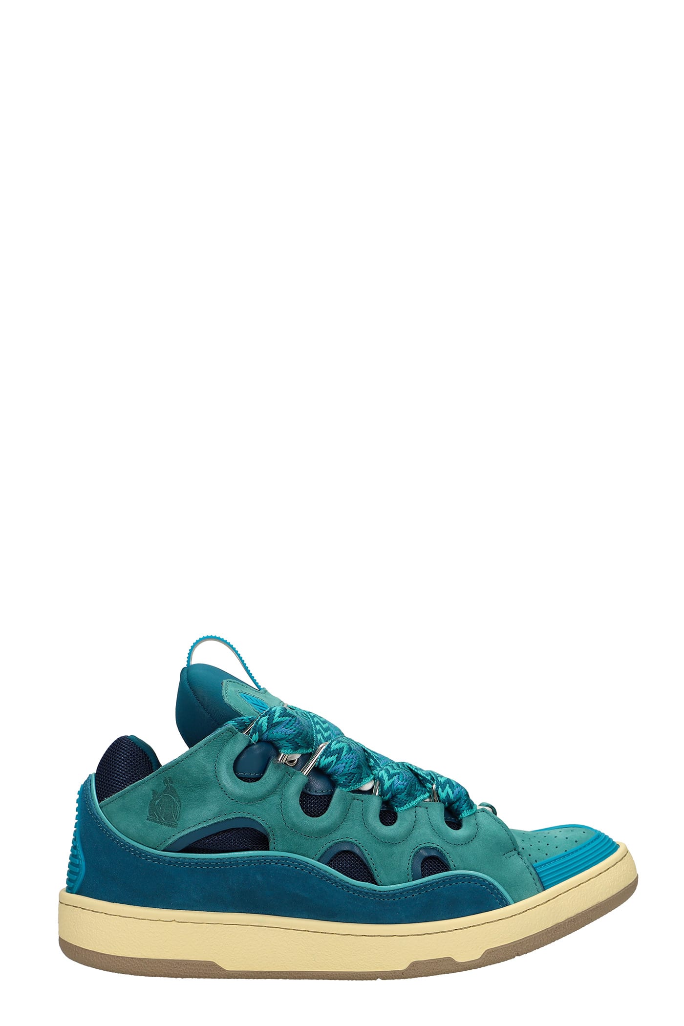 LANVIN CURB SNEAKERS IN CYAN SUEDE AND LEATHER