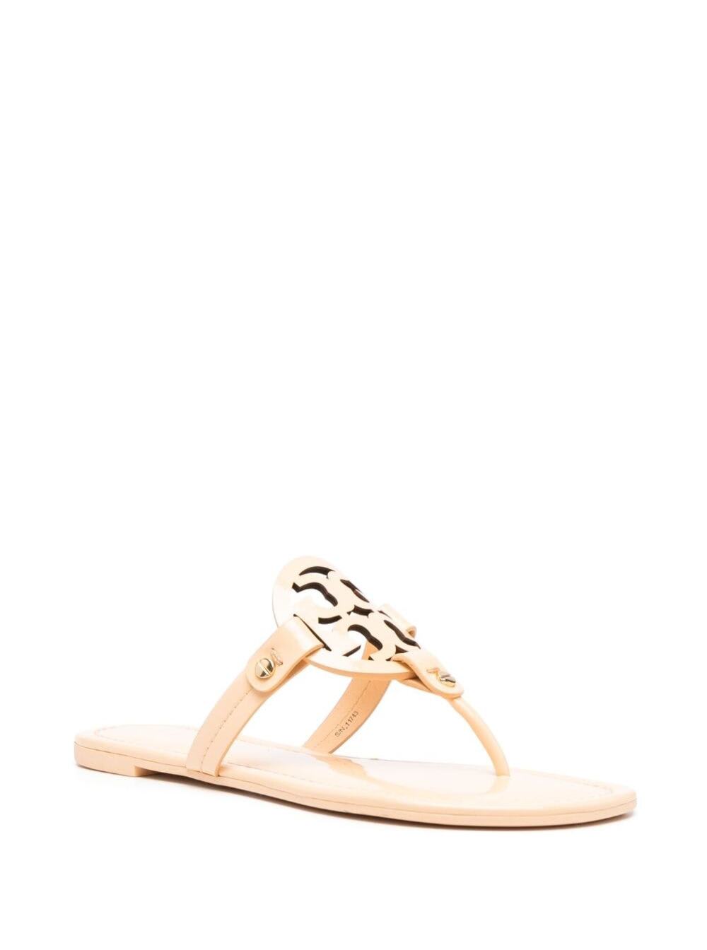 Shop Tory Burch Miller Beige Thong Sandal With Tonal Logo In Leather Woman In Metallic