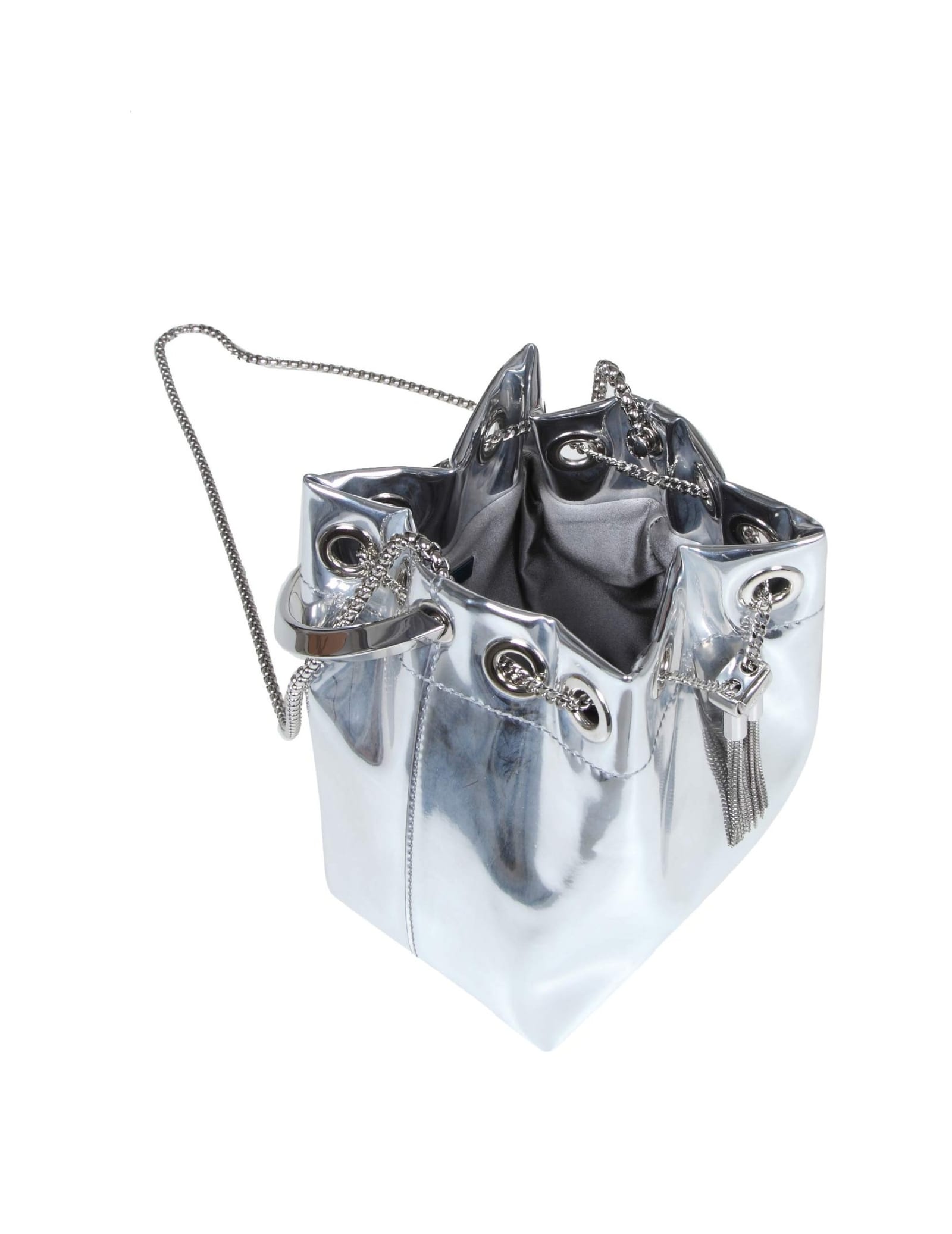 Jimmy Choo Structured Metallic Bucket Bag With Circular Handles In Silver