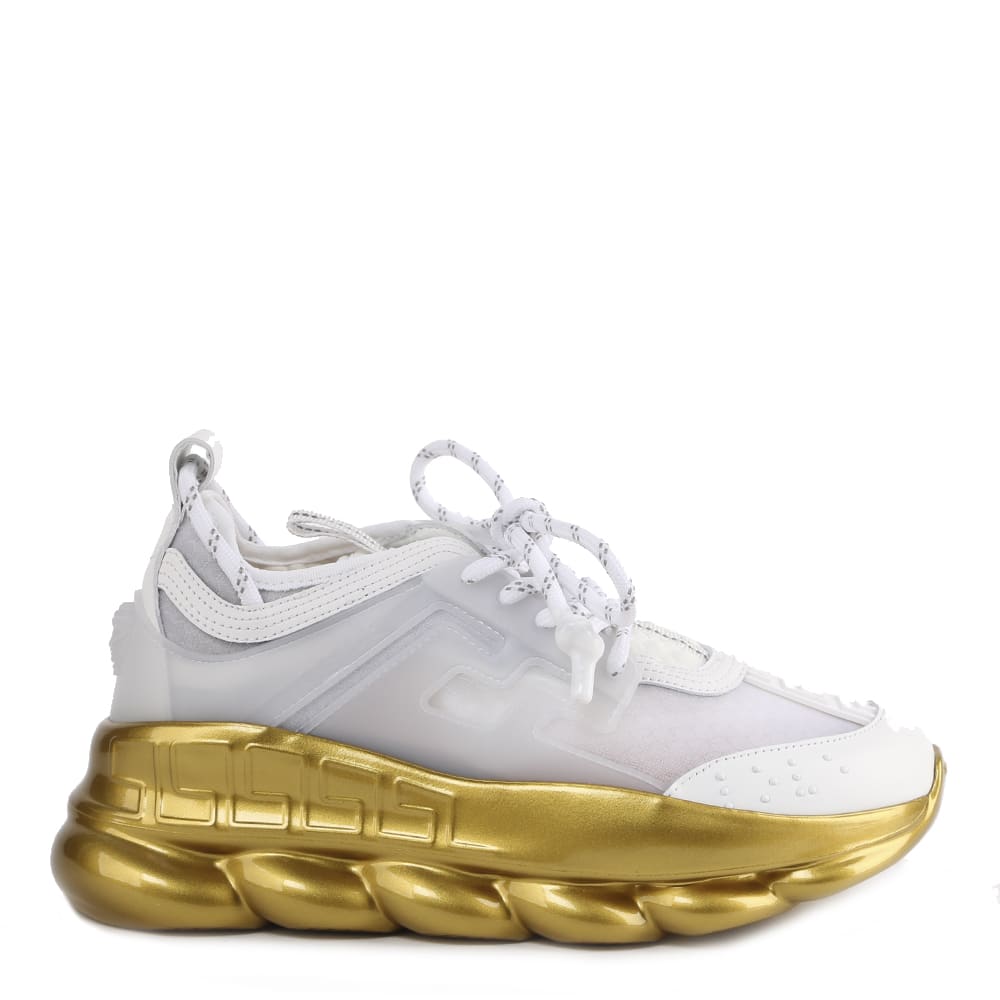 Buy Versace White Chain Reaction Sneakers With Gold Sole online, shop Versace shoes with free shipping