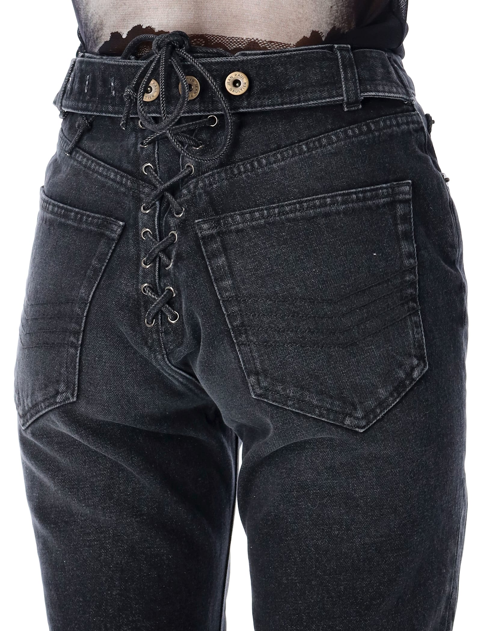 Shop Jean Paul Gaultier Lacing Knee Bonded Jeans In Vintage Black