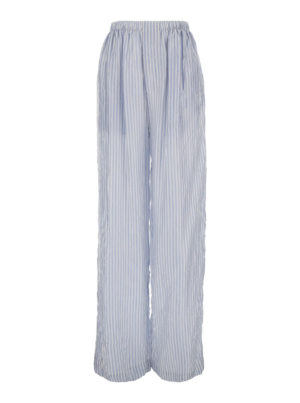 Shop Balenciaga Light Blue And White Striped Pants With Logo Lettering Embroidery In Cupro Woman