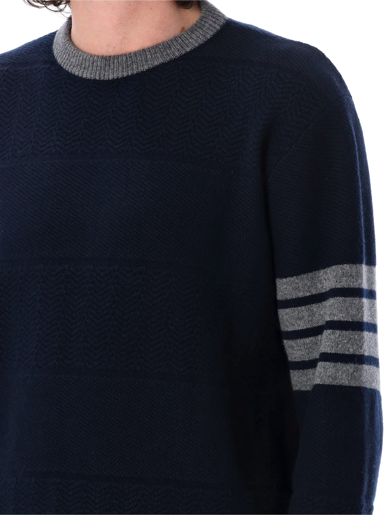 Shop Thom Browne Textured Rugby Stripe Crew Neck Sweater In Navy