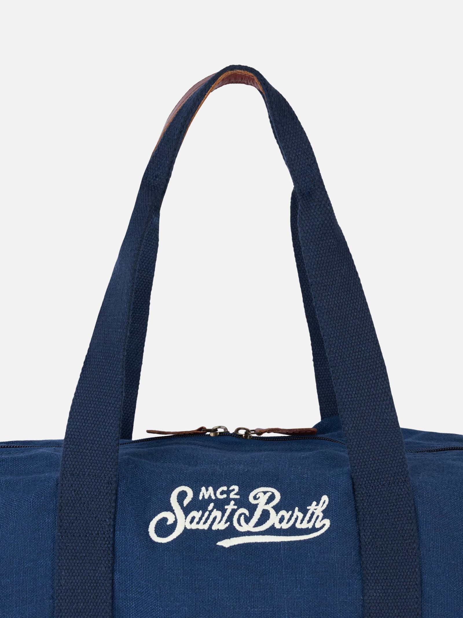 Shop Mc2 Saint Barth Blue Linen Travel Duffle Bag Jetleg