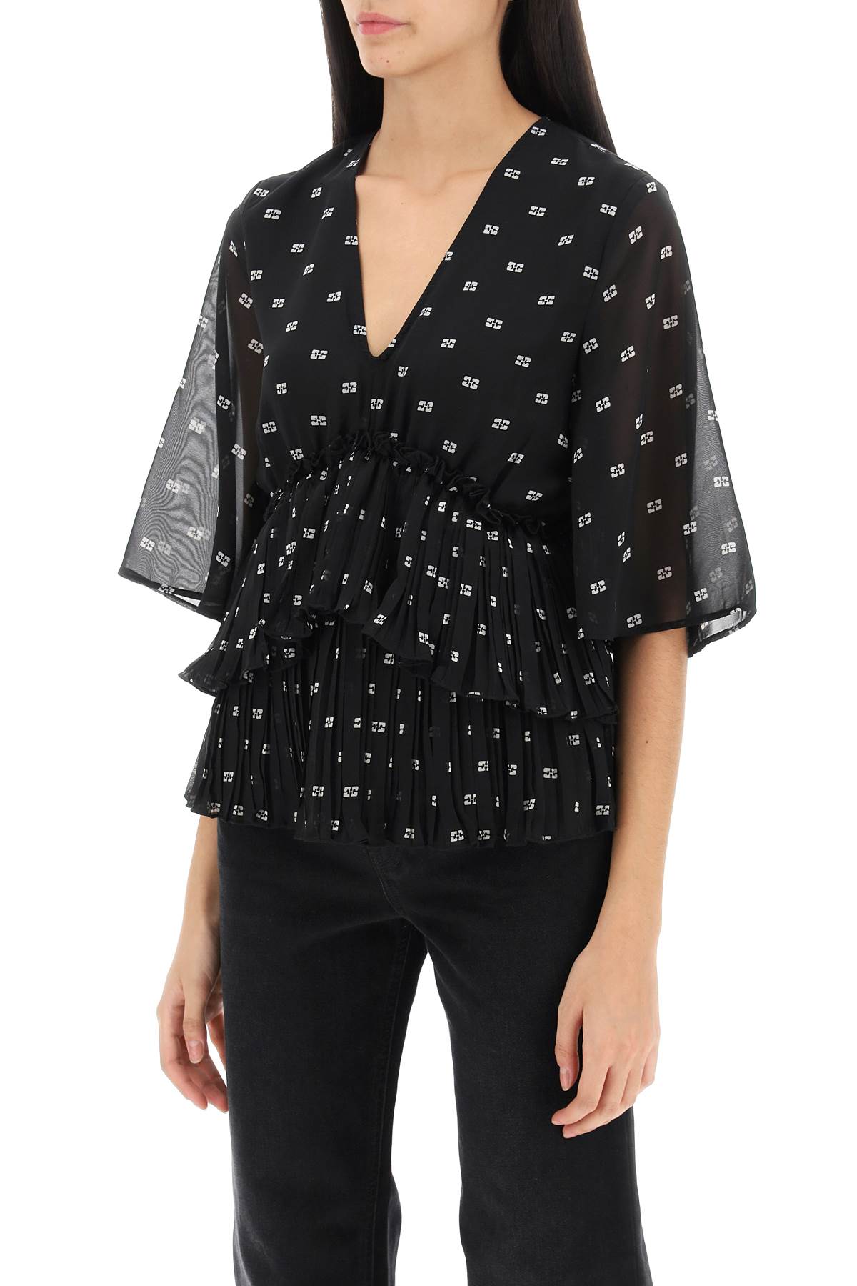 Shop Ganni Butterfly Pleated Blouse In Nero