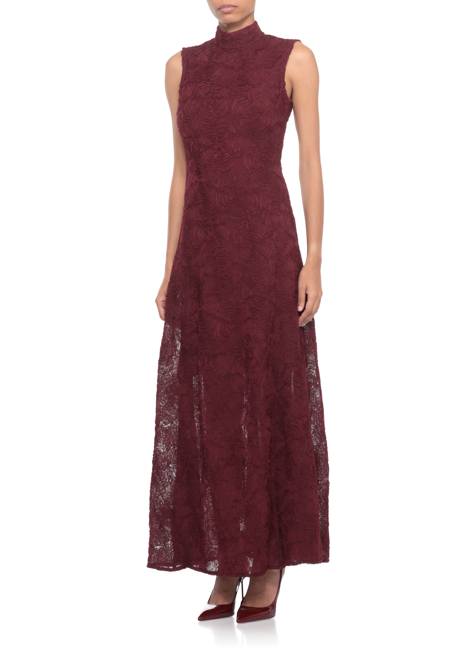 Rotate Birger Christensen Flared Tulle Dress With Intricate Rose Detailing In Burgundy