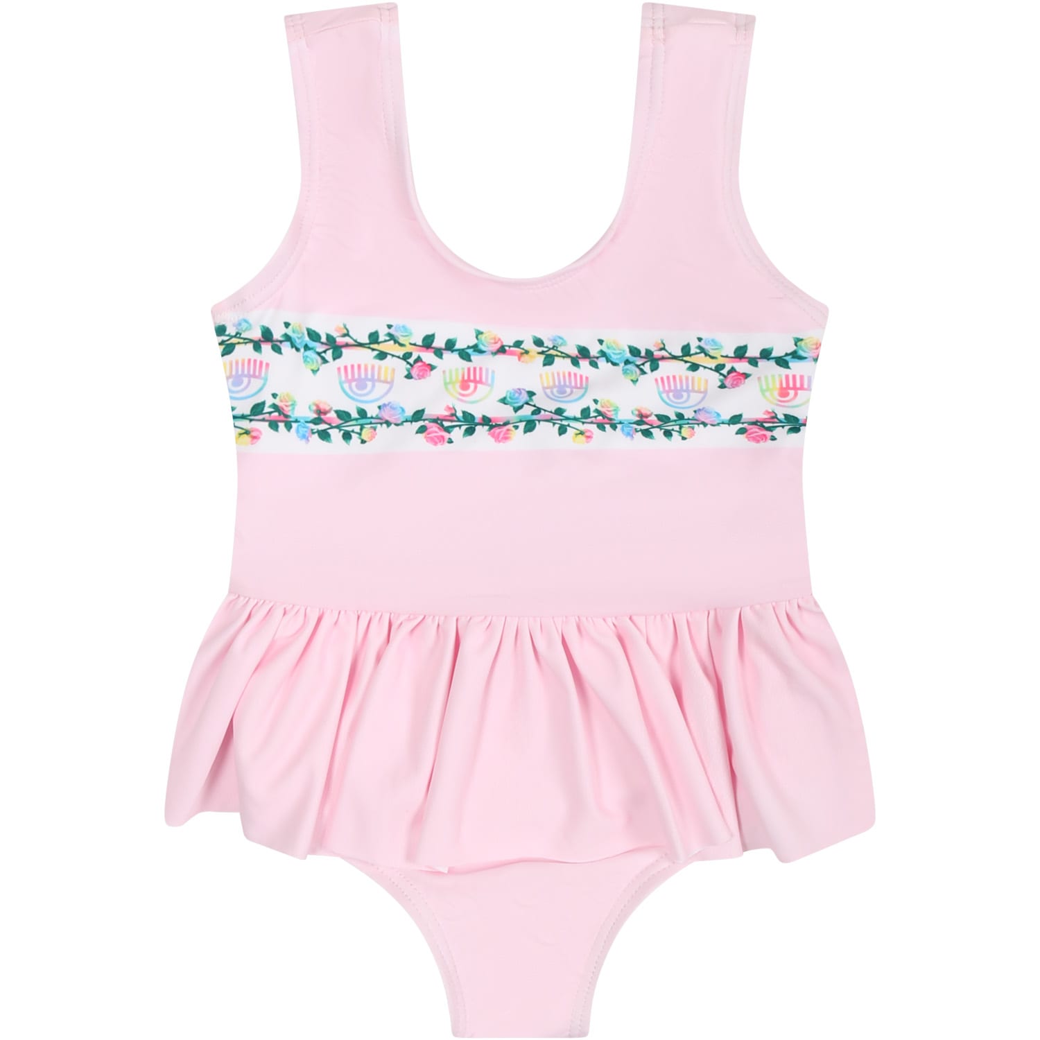 Chiara Ferragni Pink Swimsuit For Baby Girl With Ruffles And Flowers