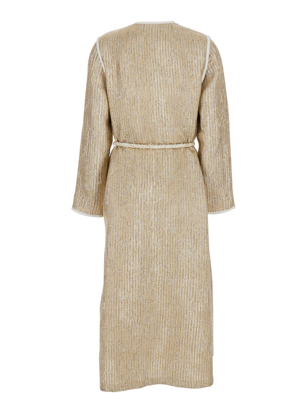 FORTE FORTE TWINKLE BEIGE COAT WITH V-NECK ON THE FRONT AND ADJUSTABLE WAIST BELT IN LUREX WOMAN