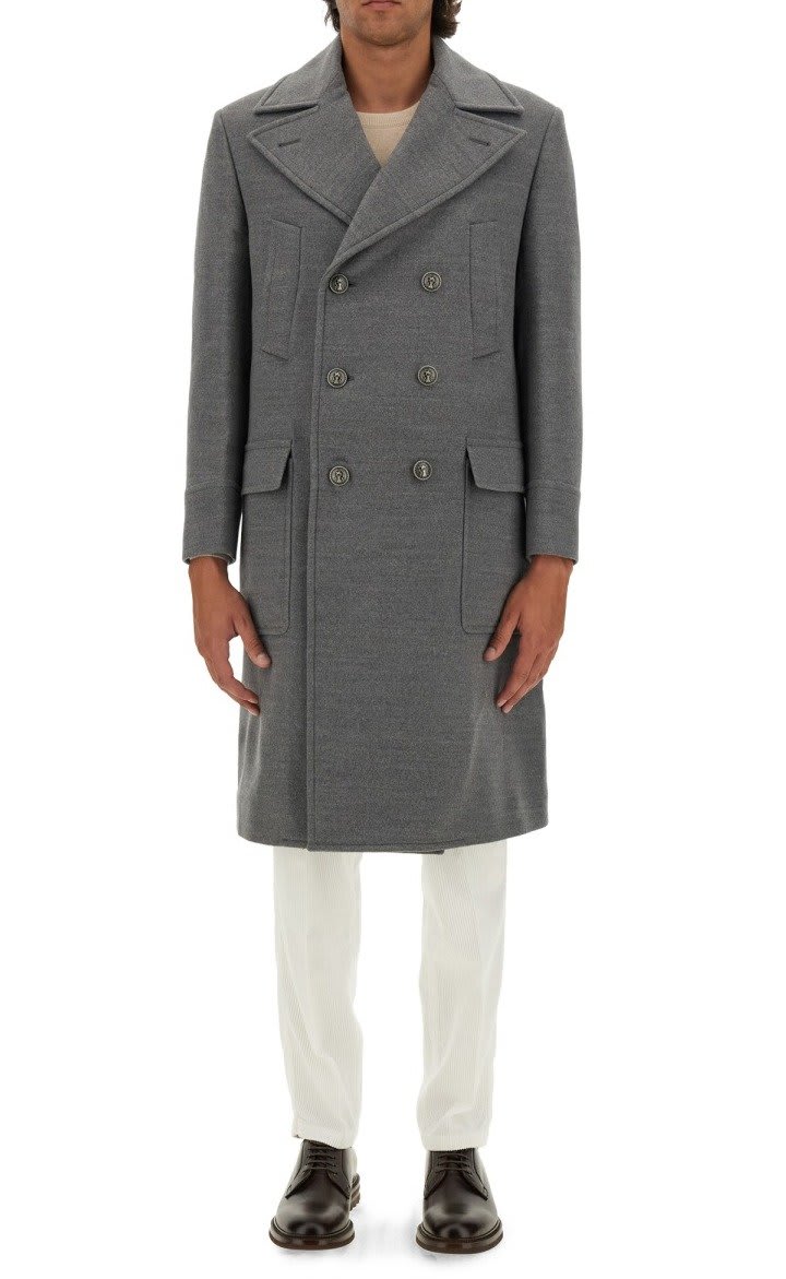 Shop Brunello Cucinelli Double-breasted Long Coat In Grigio Medio/militare