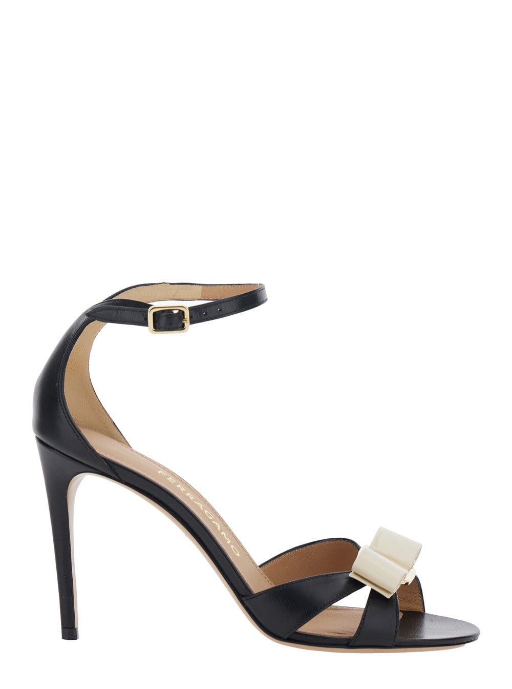Ferragamo Vara Black Heeled Sandal With Bow Detail On The Front In Leather Woman