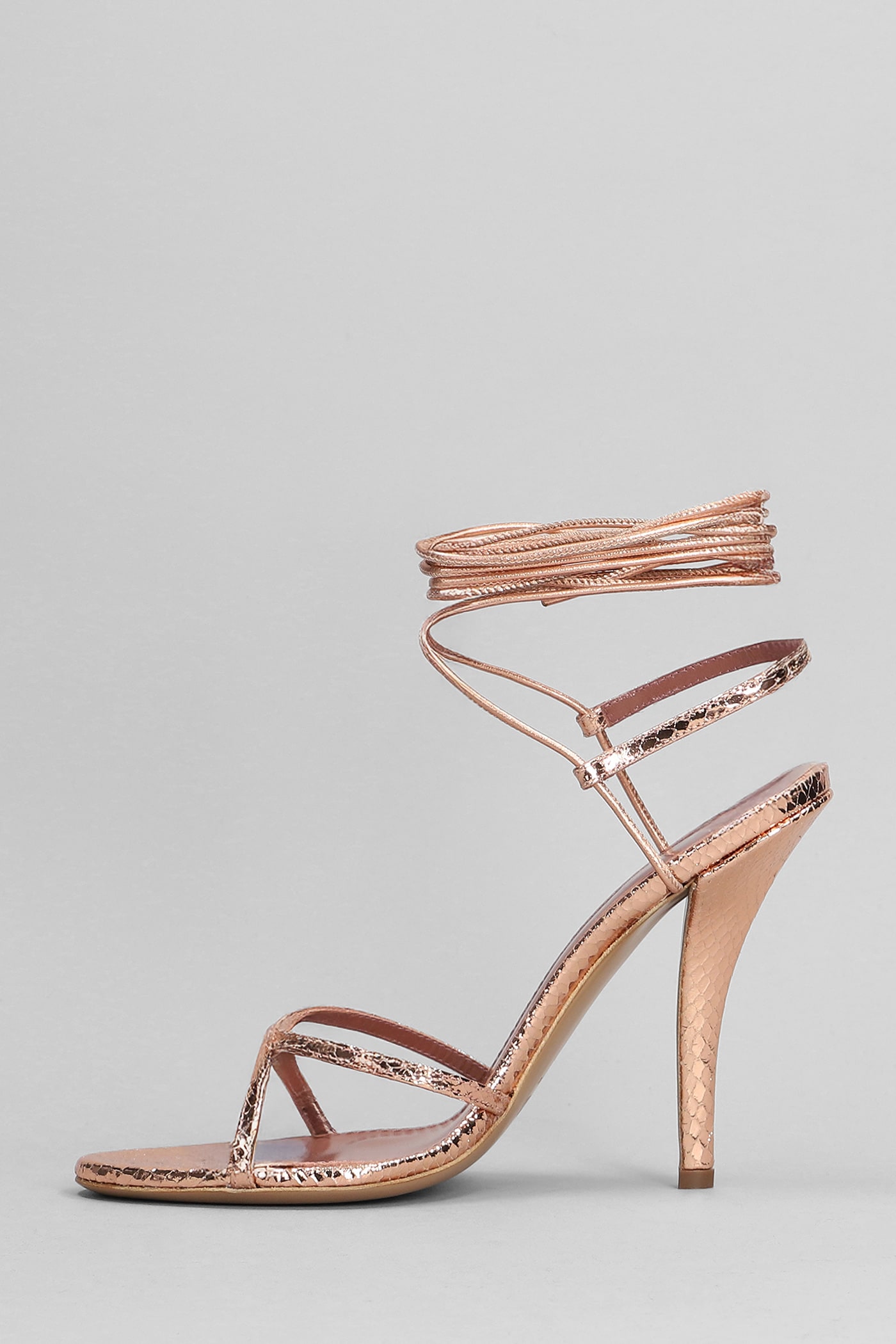 Paris Texas Lace-up Sandals In Rose Gold Metallic Python-print Leather In Copper