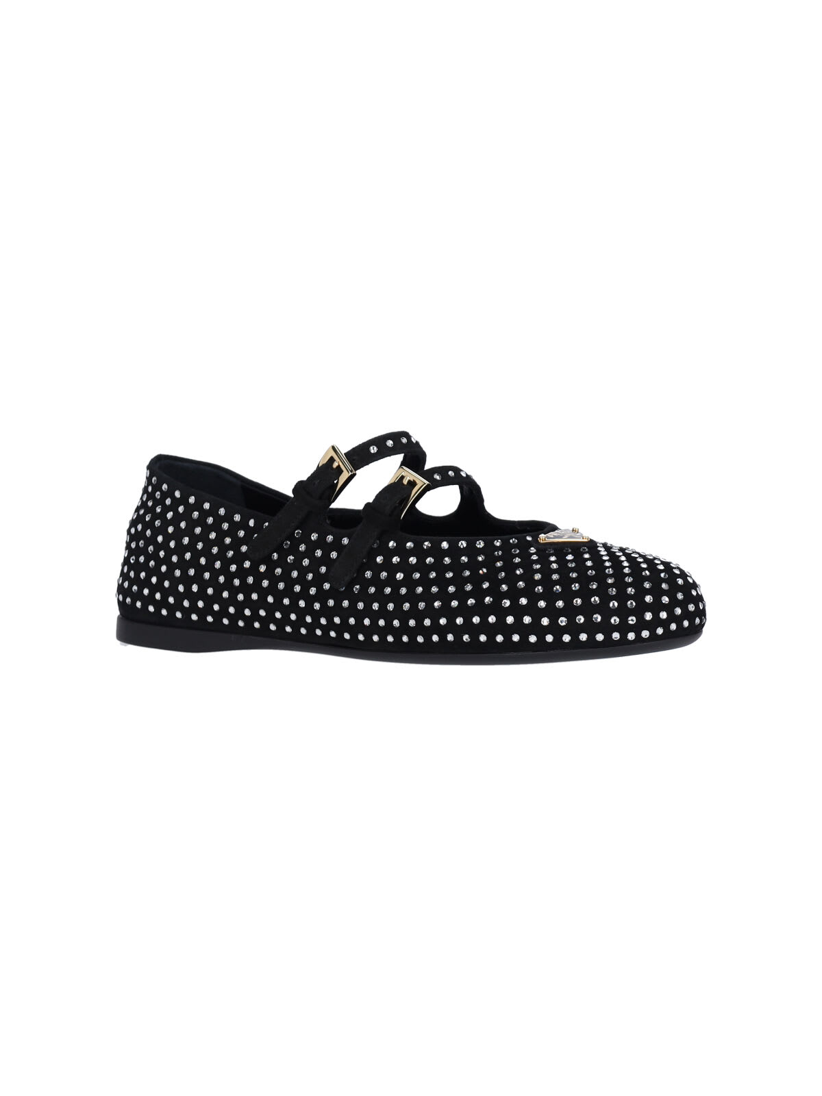 Prada Triangle Logo Studded Velvet Ballet Flats In Black