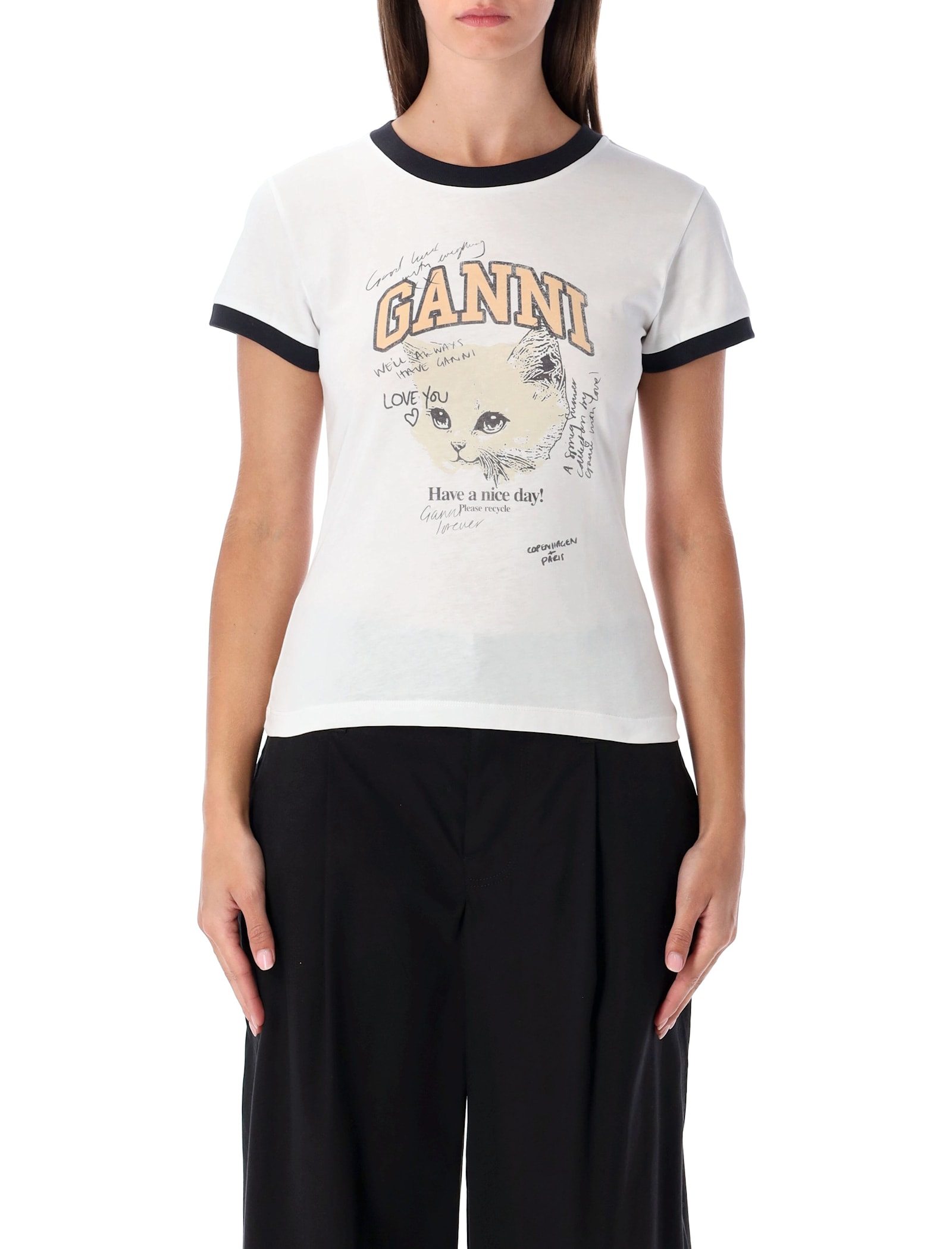 Ganni White Cropped Kitty Cotton T-shirt