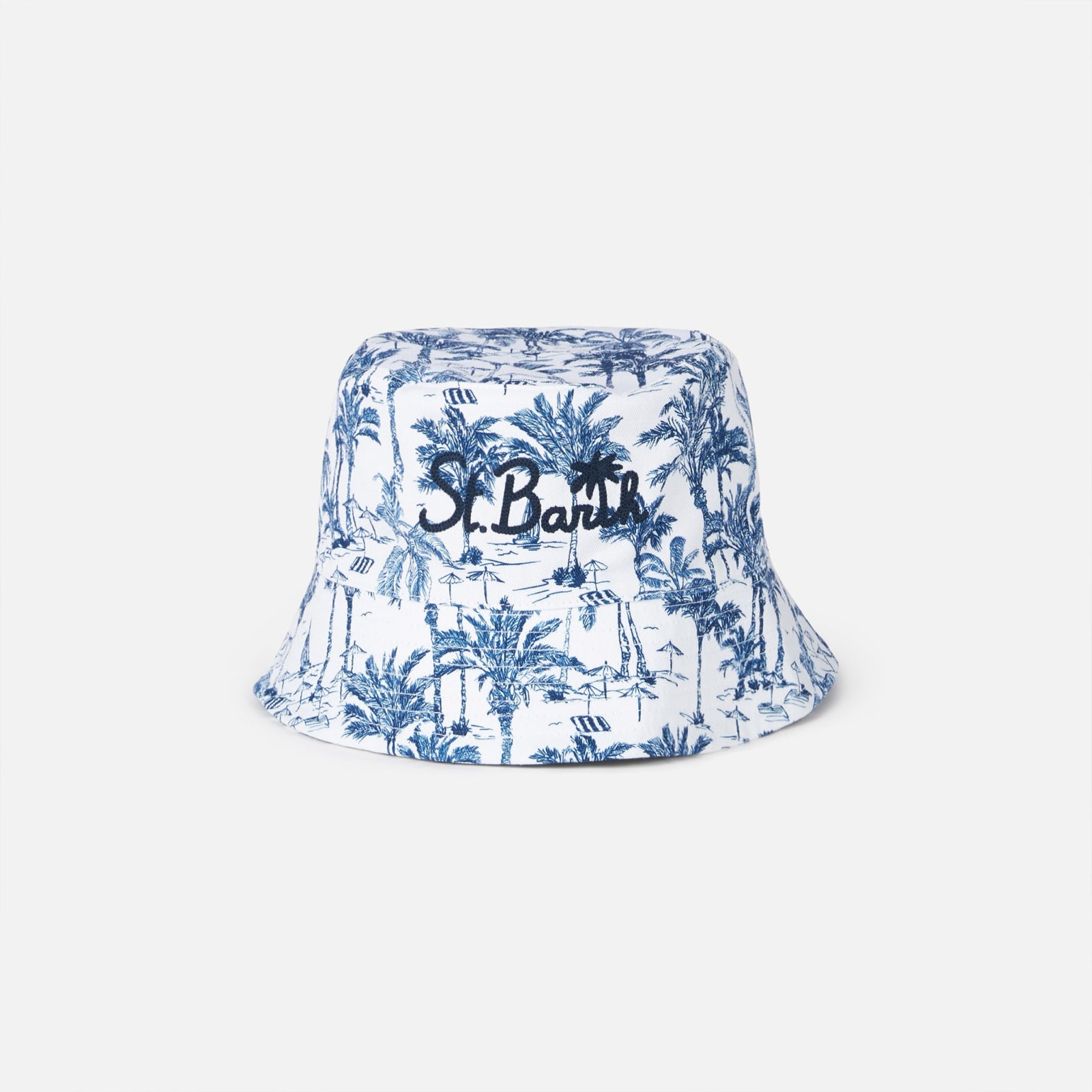 Mc2 Saint Barth Cotton Bucket Hat With Front Embroidery And Toile De Jouy Pattern In White