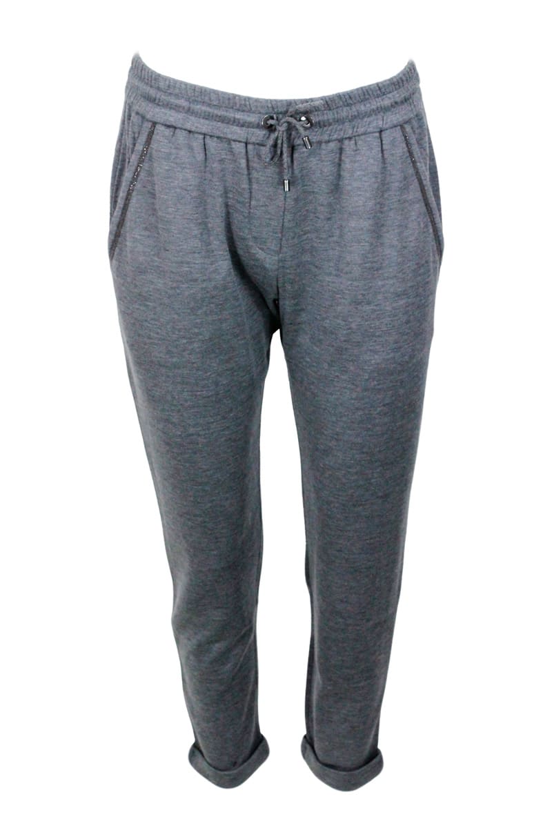 BRUNELLO CUCINELLI JOGGING TROUSERS IN COTTON AND SILK WITH MONILI ON THE POCKETS