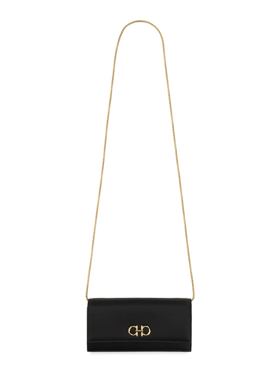 Ferragamo Gancino Flap Leather Wallet With Chain Strap In Black