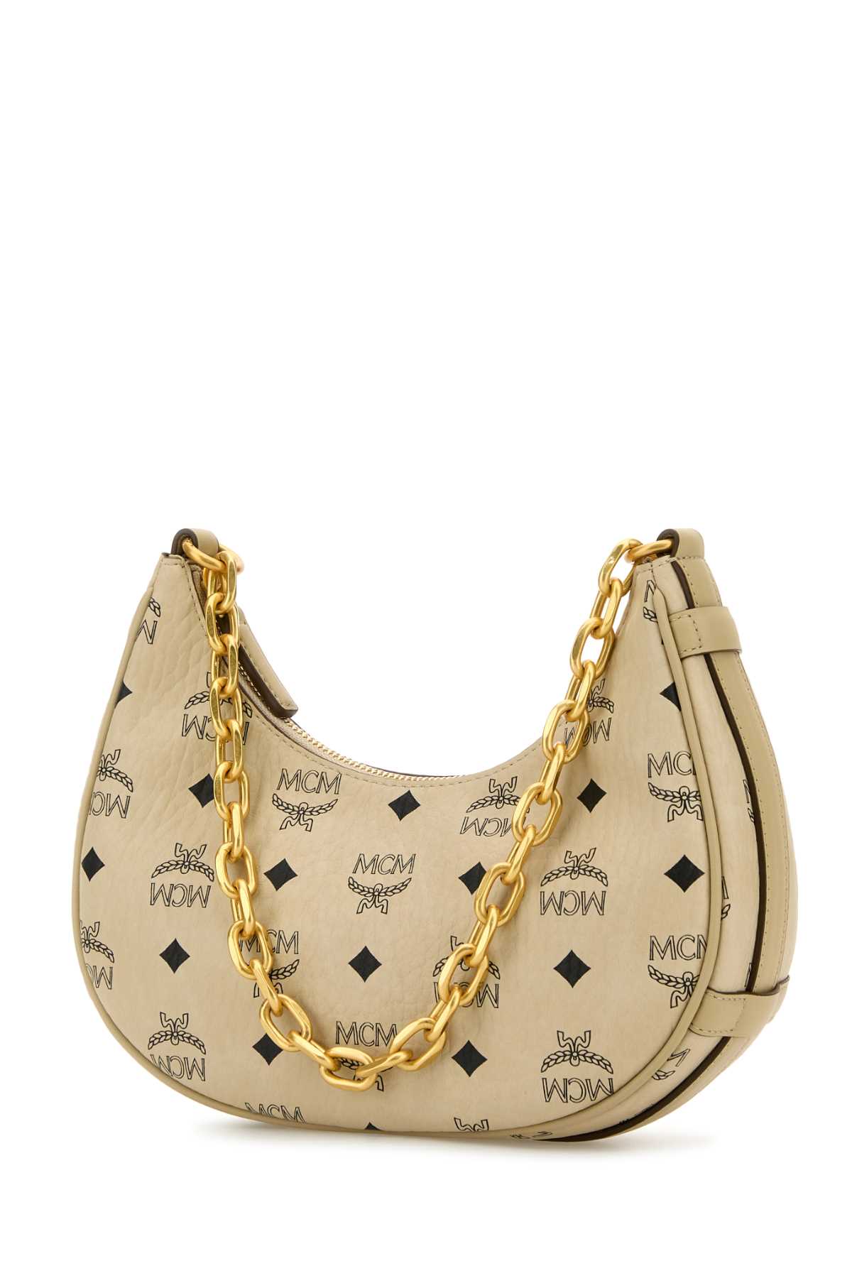 Shop Mcm Printed Canvas Aren Crescent Shoulder Bag In Beigeblacklogo