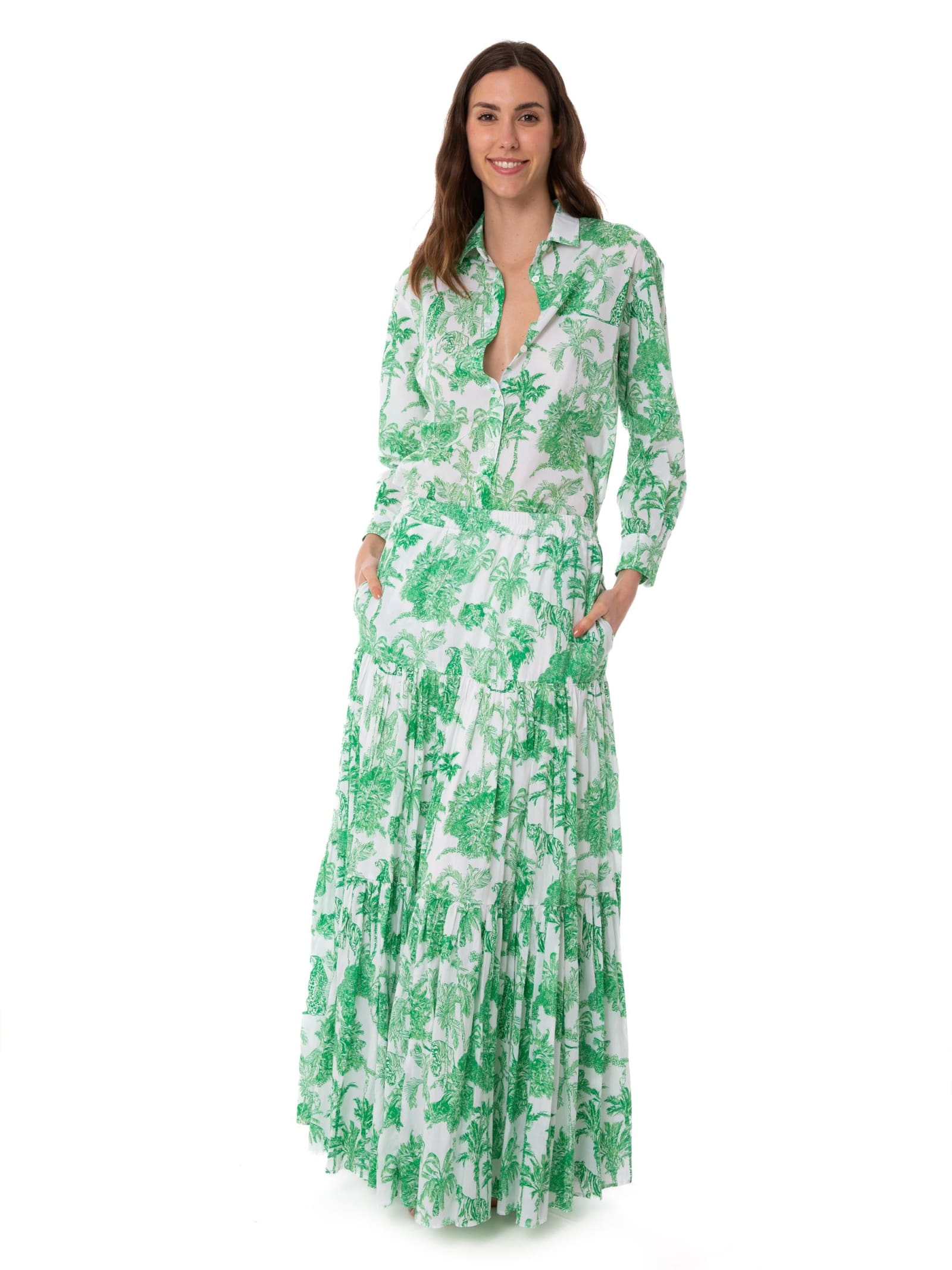 Mc2 Saint Barth Woman Cotton Long Skirt With Jungle Print In Green