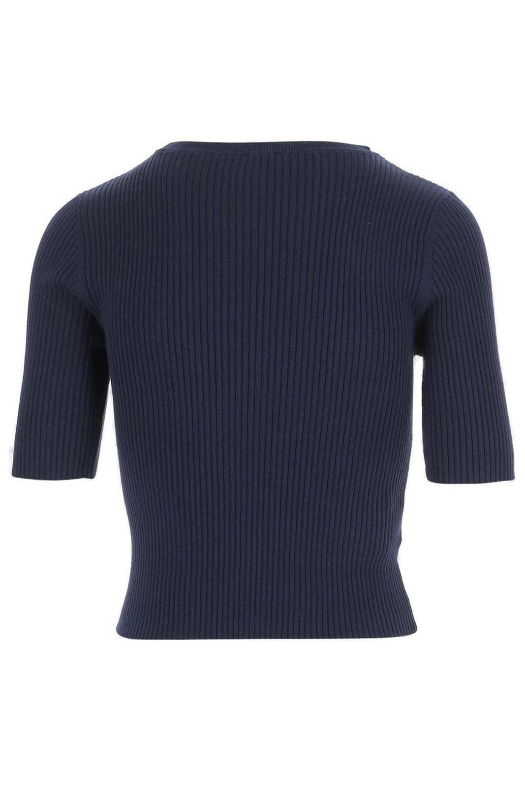 Pinko Crewneck Embroidered Tritone Ribbed Short Sleeves Sweater In Blue
