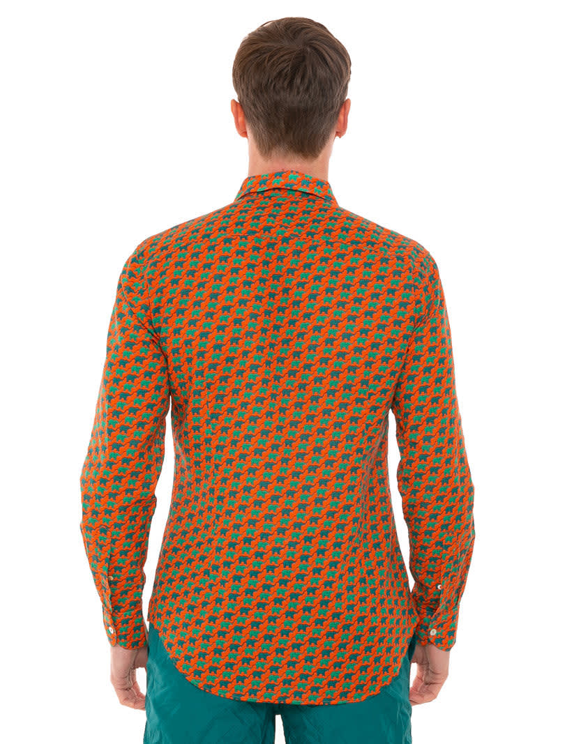 Mc2 Saint Barth Man Cotton Shirt Elephants Print In Orange