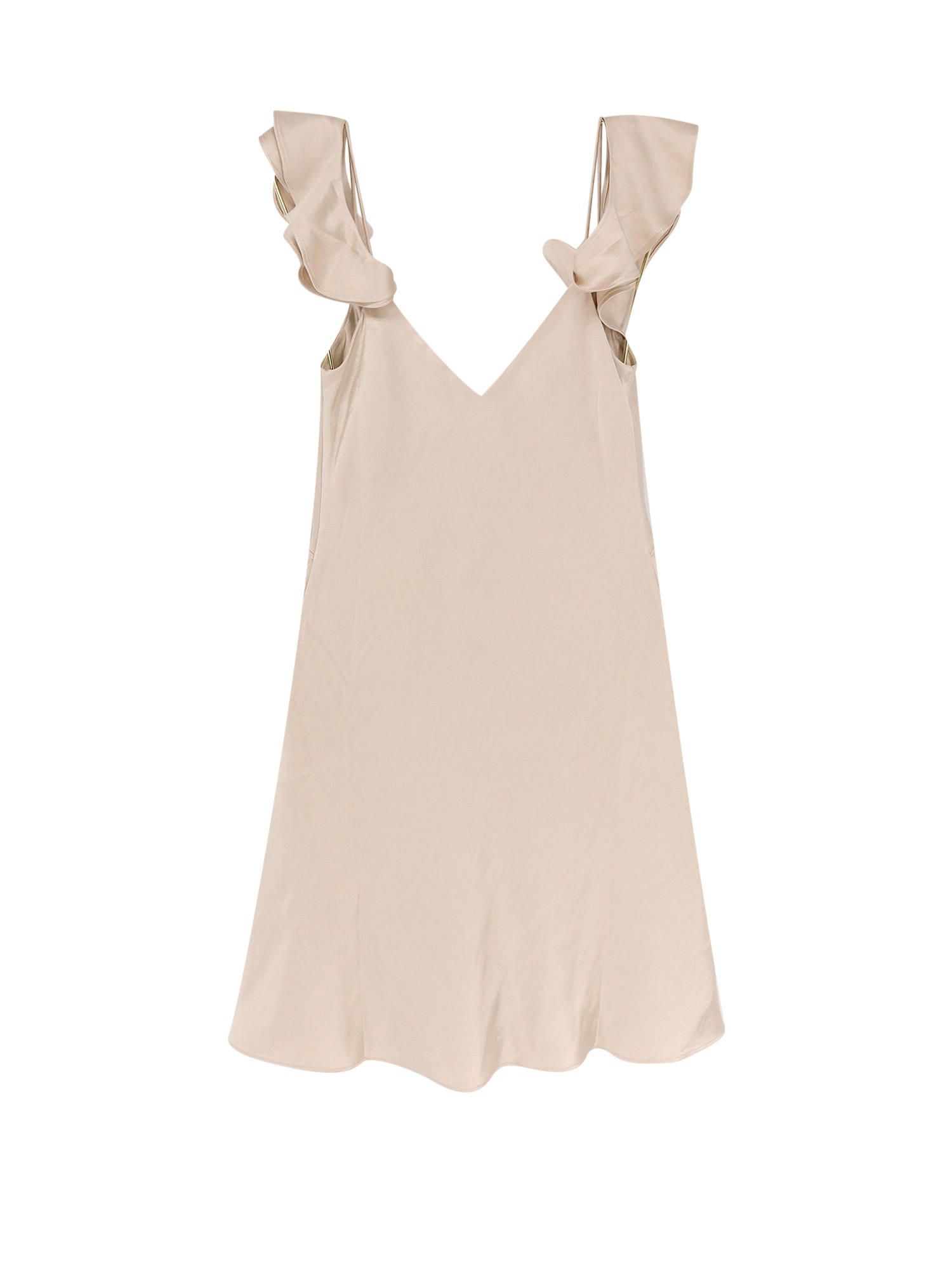 Self-portrait Beige Off-shoulder Mini Dress With Ruched Details In Tech Fabric Woman In Beige