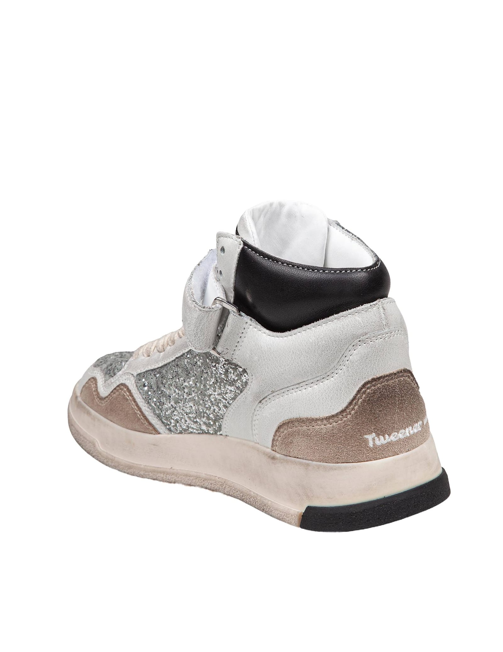 Shop Ghoud Sneakers Tweener Mid In Leather With Silver Glitter In Gray / Black