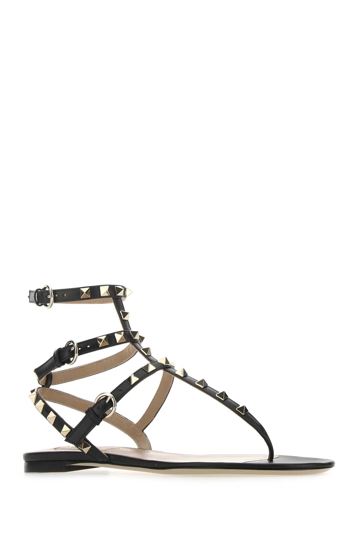 Shop Valentino Black Leather Rockstud Thong Sandals In 0no