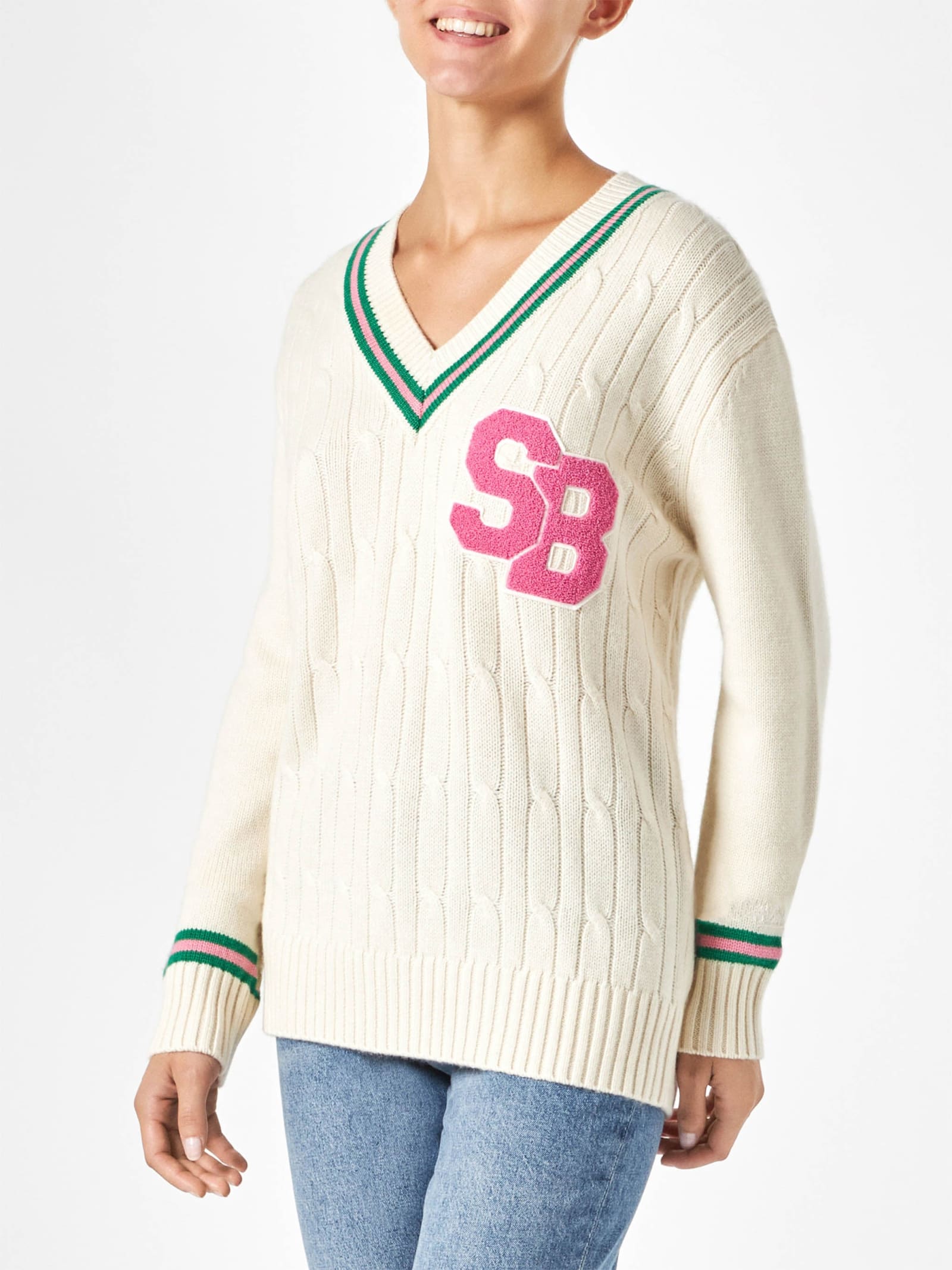 Shop Mc2 Saint Barth Woman V-neck Braided Sweater With Patch In White