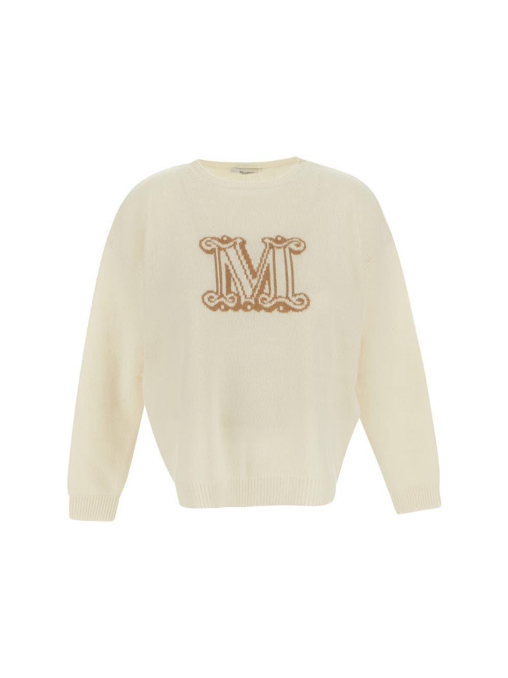 Max Mara Edo Logo Jacquard Cashmere Knit Sweater In Bianco