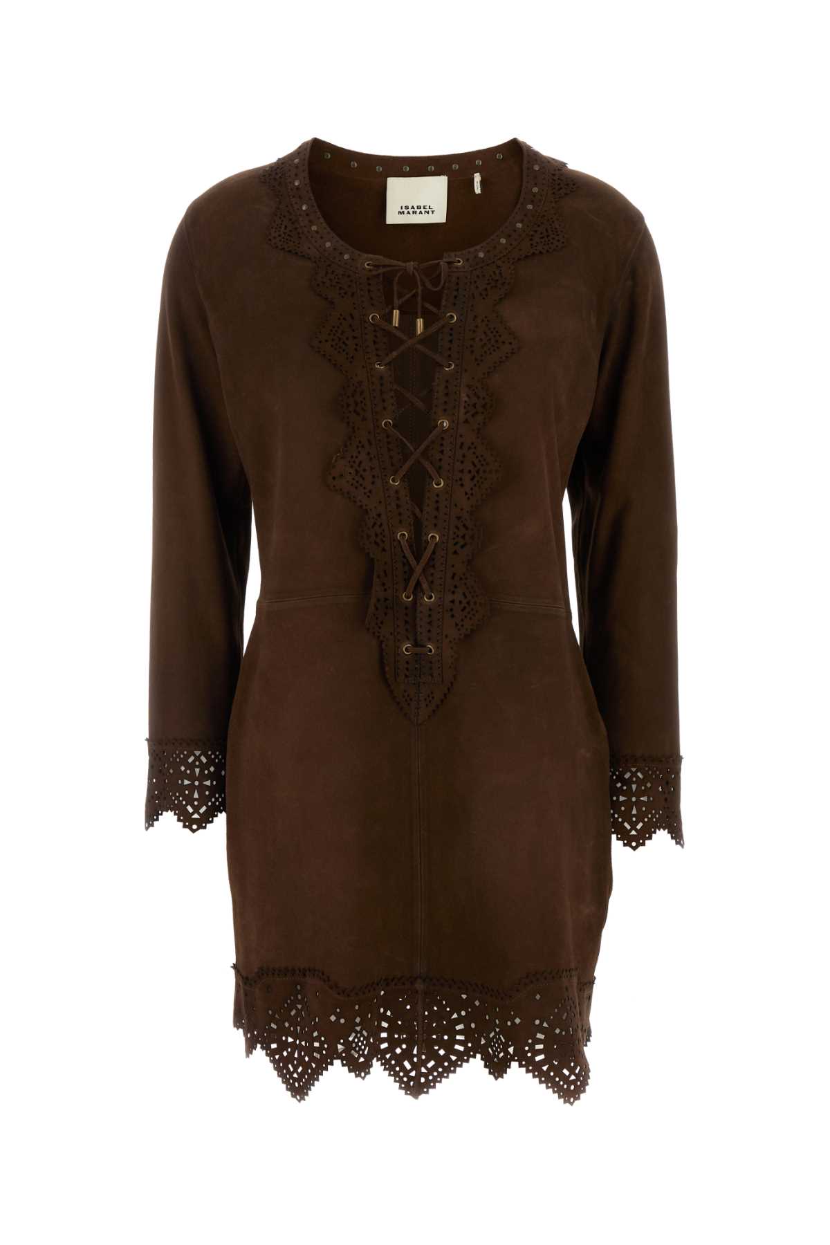 Shop Isabel Marant Charlina Brown Blouse With V Neck With Studs And Perforated And Notched Trims In Suede Woman