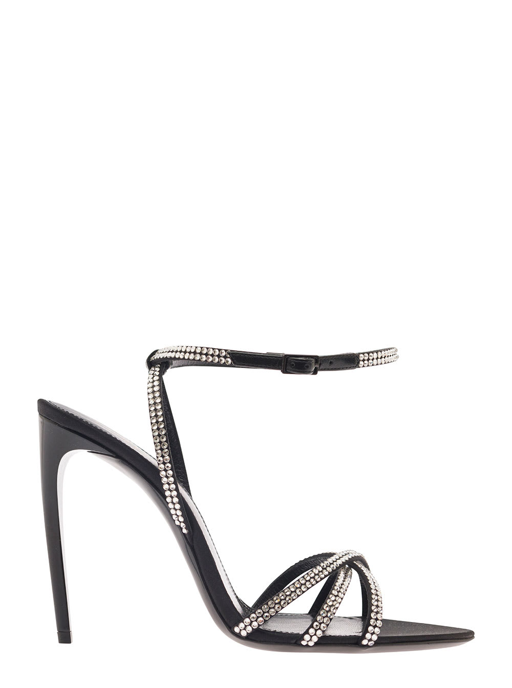 Shop Saint Laurent Ava Black Sandals With Rhinestone Crisscrossed Straps And Comma Stiletto Heel In Crepe Satin Woman