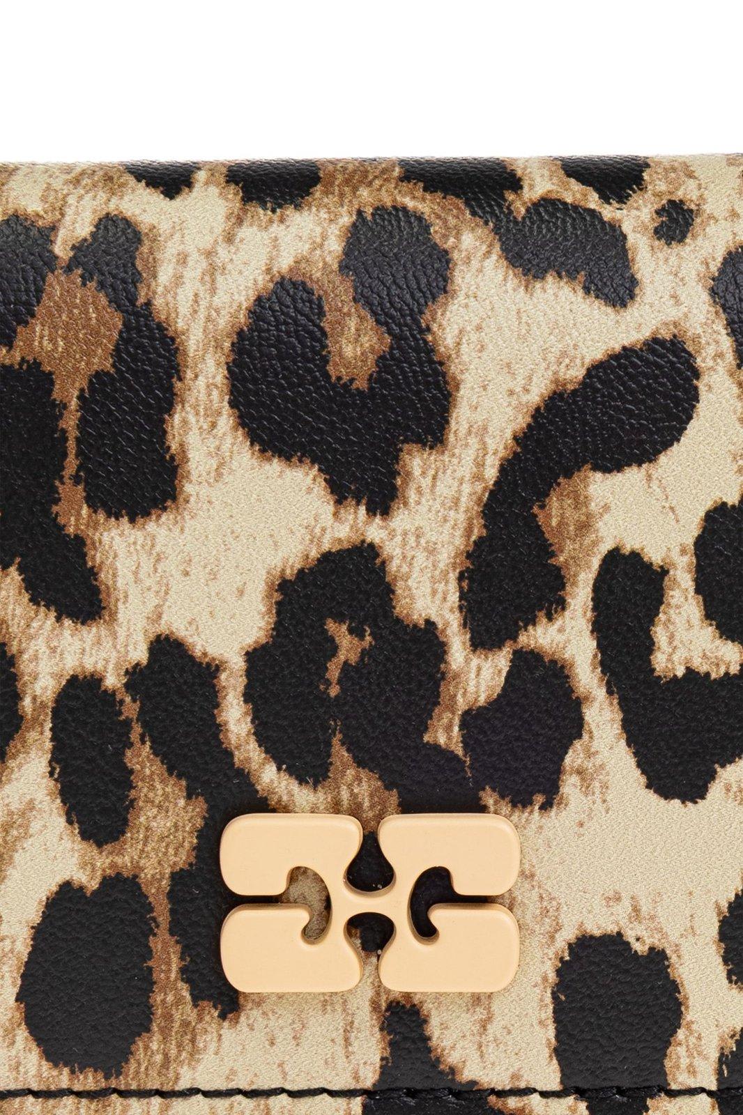 Ganni Brown Card Holder With Butterfly Logo And All-over Leopard Motif In Leather Blend Woman In Animal Print