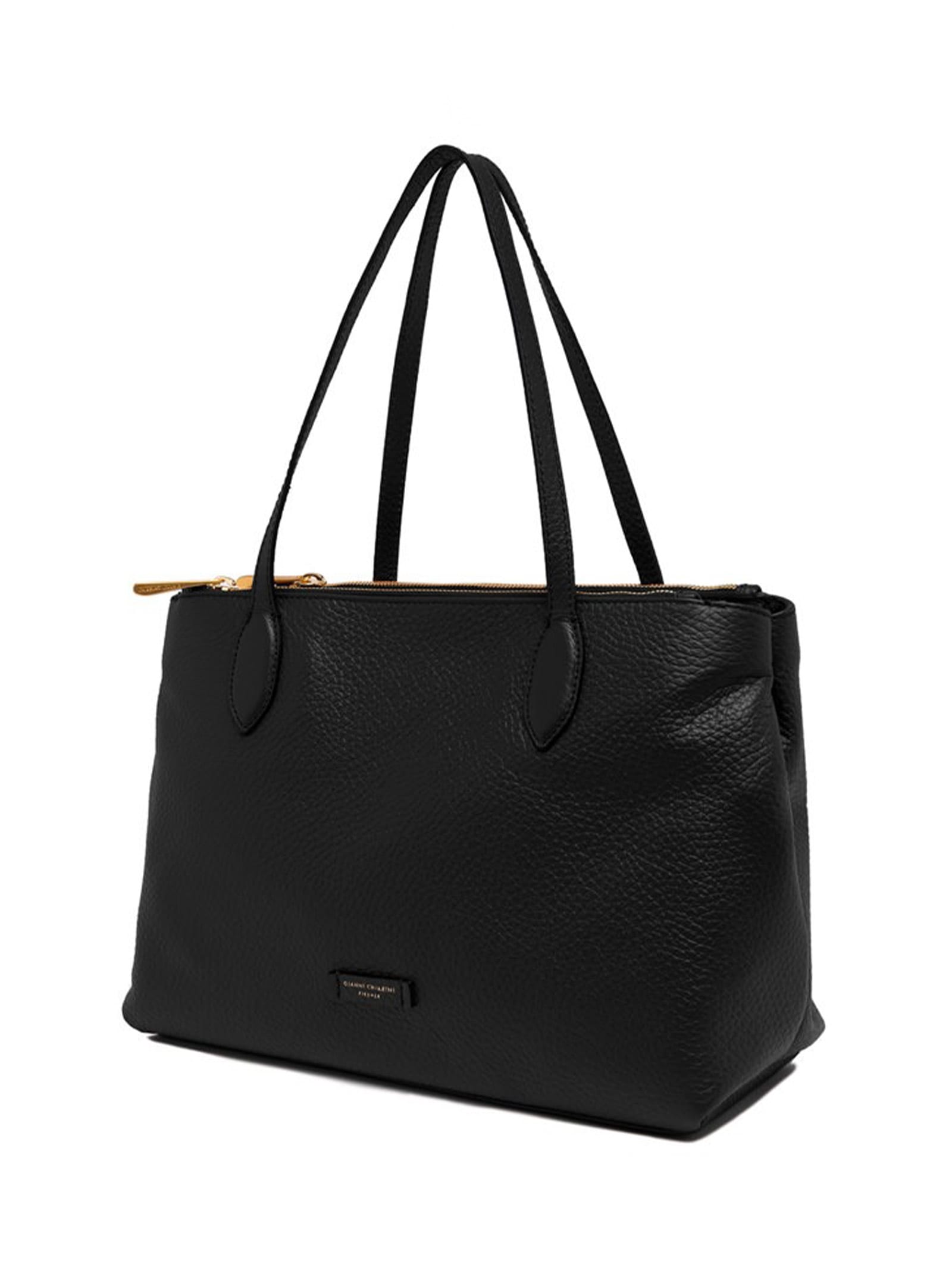 Shop Gianni Chiarini Leather Mara Shopping Bag, Double Zip Closure In Nero