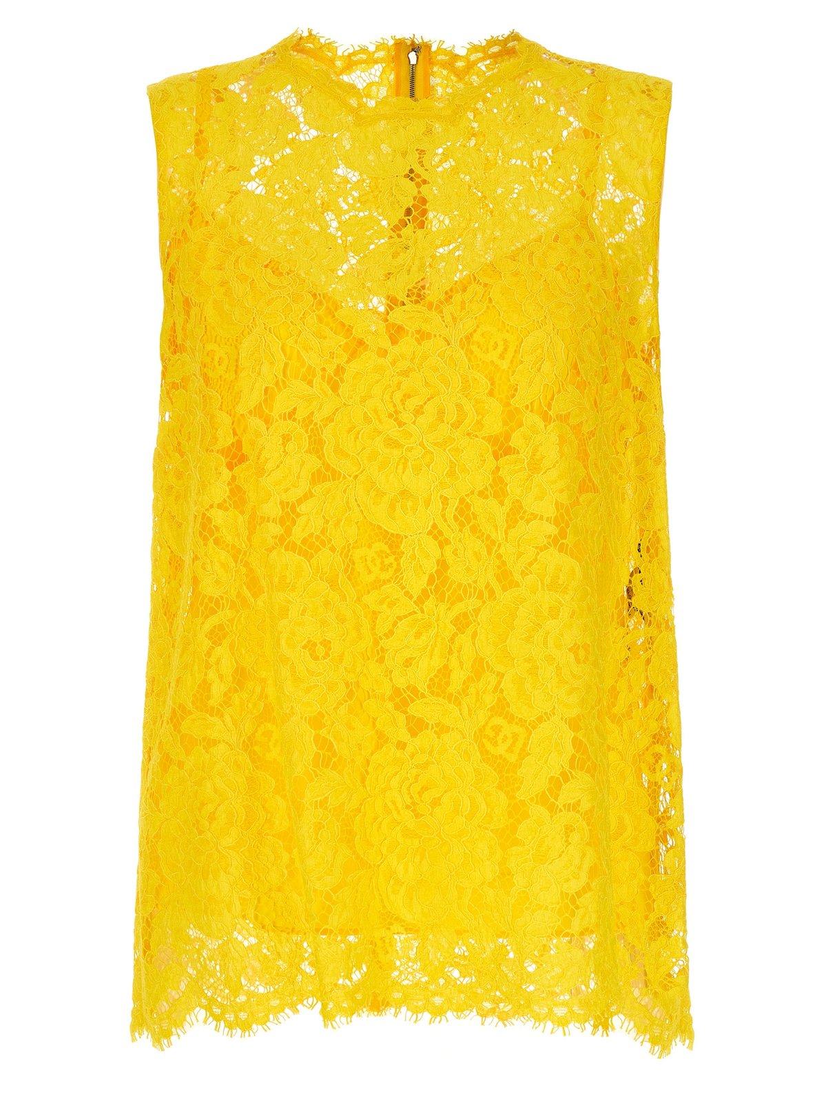 Shop Dolce & Gabbana Branded Floral Cordonetto Lace Top In Giallo
