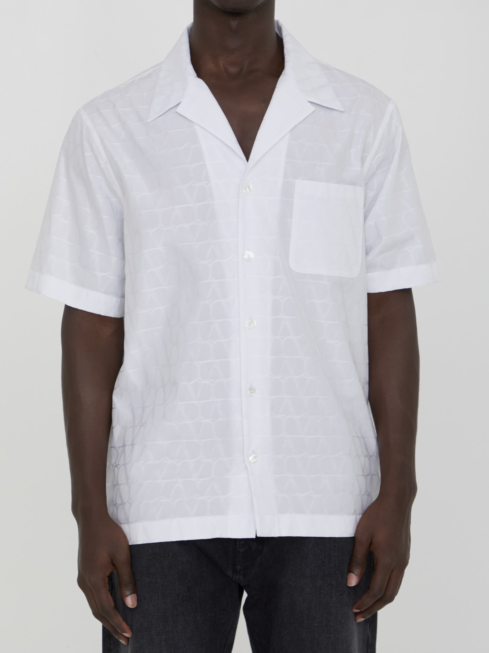 Valentino Garavani White Bowling Shirt With Patch Pocket In Toile Iconographique Man