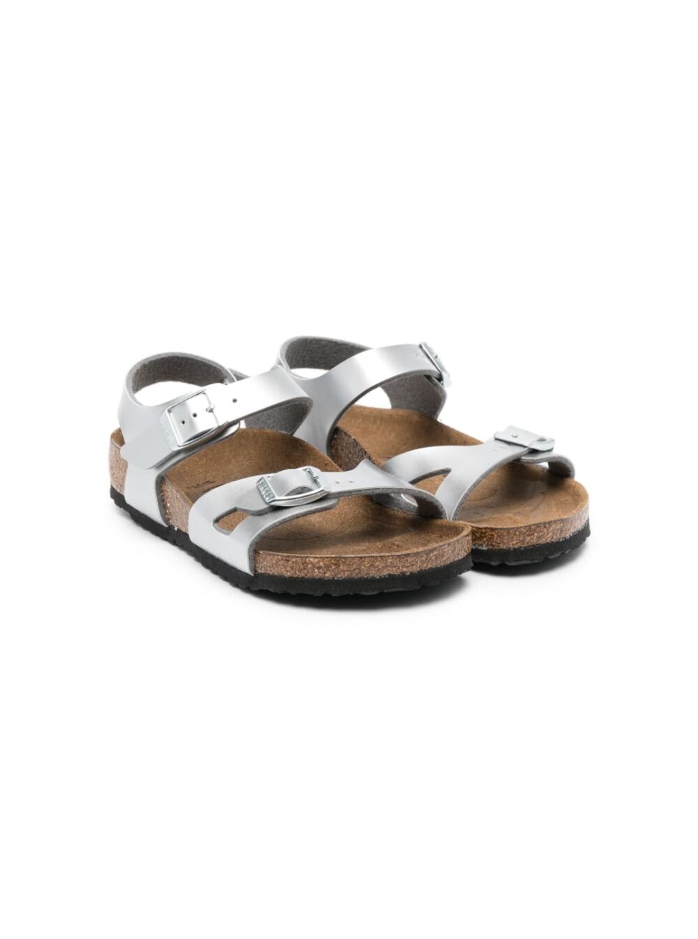 BIRKENSTOCK RIO SILVER-COLORED FLAT SANDALS WITH DOUBLE STRAP IN METALLIC FAUX LEATHER GIRL