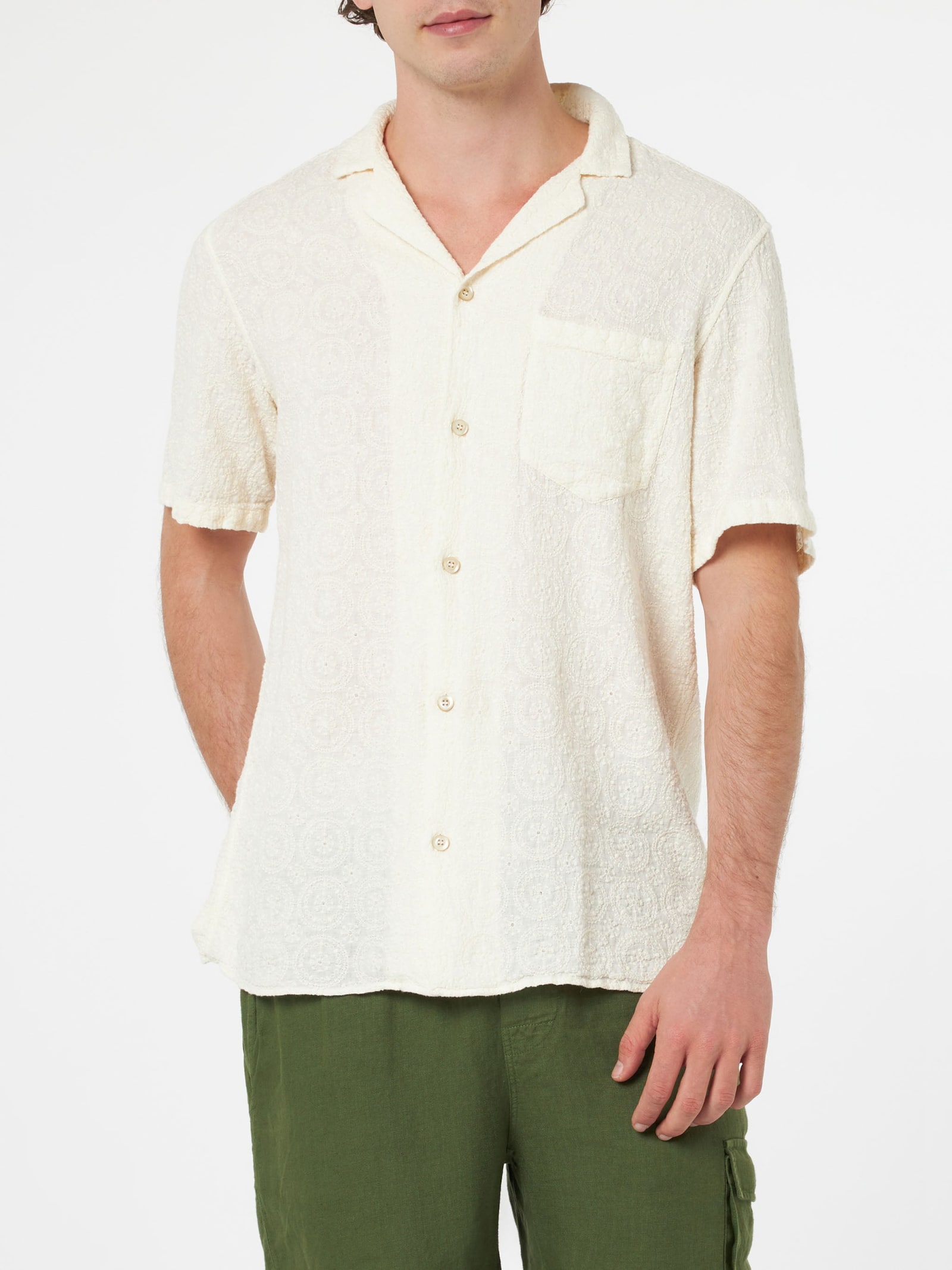 Shop Mc2 Saint Barth Man Linen Shirt Kalea With Flower Embroidery In White