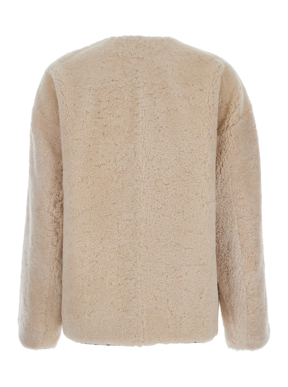 Shop Totême Teddy Beige Crewneck Jacket With Clasp Closure On The Front In Shearling And Leather Woman In White