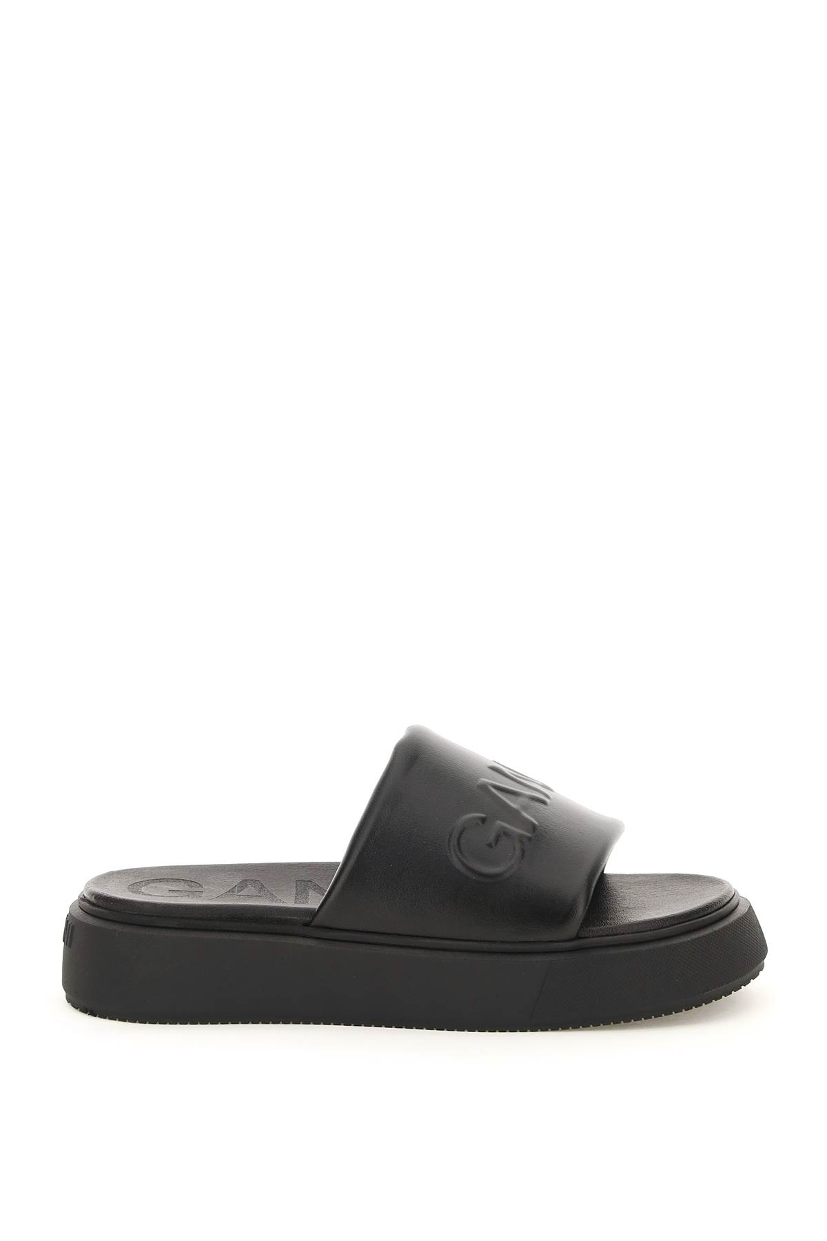 Ganni Logo-embossed Vegan Leather Platform Slides In Nero