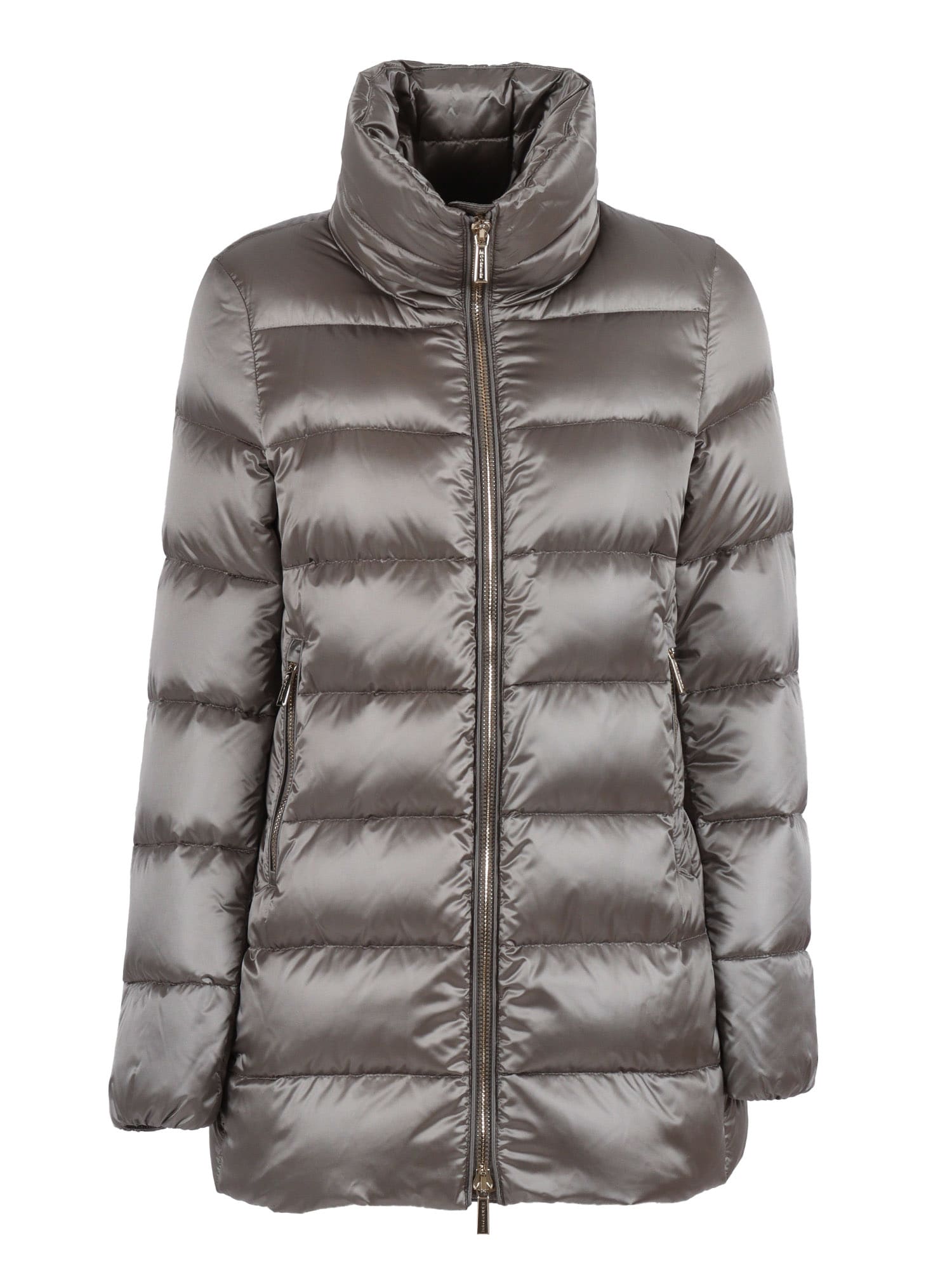 Moorer Long Quilted Down Jacket With High Collar In Silver
