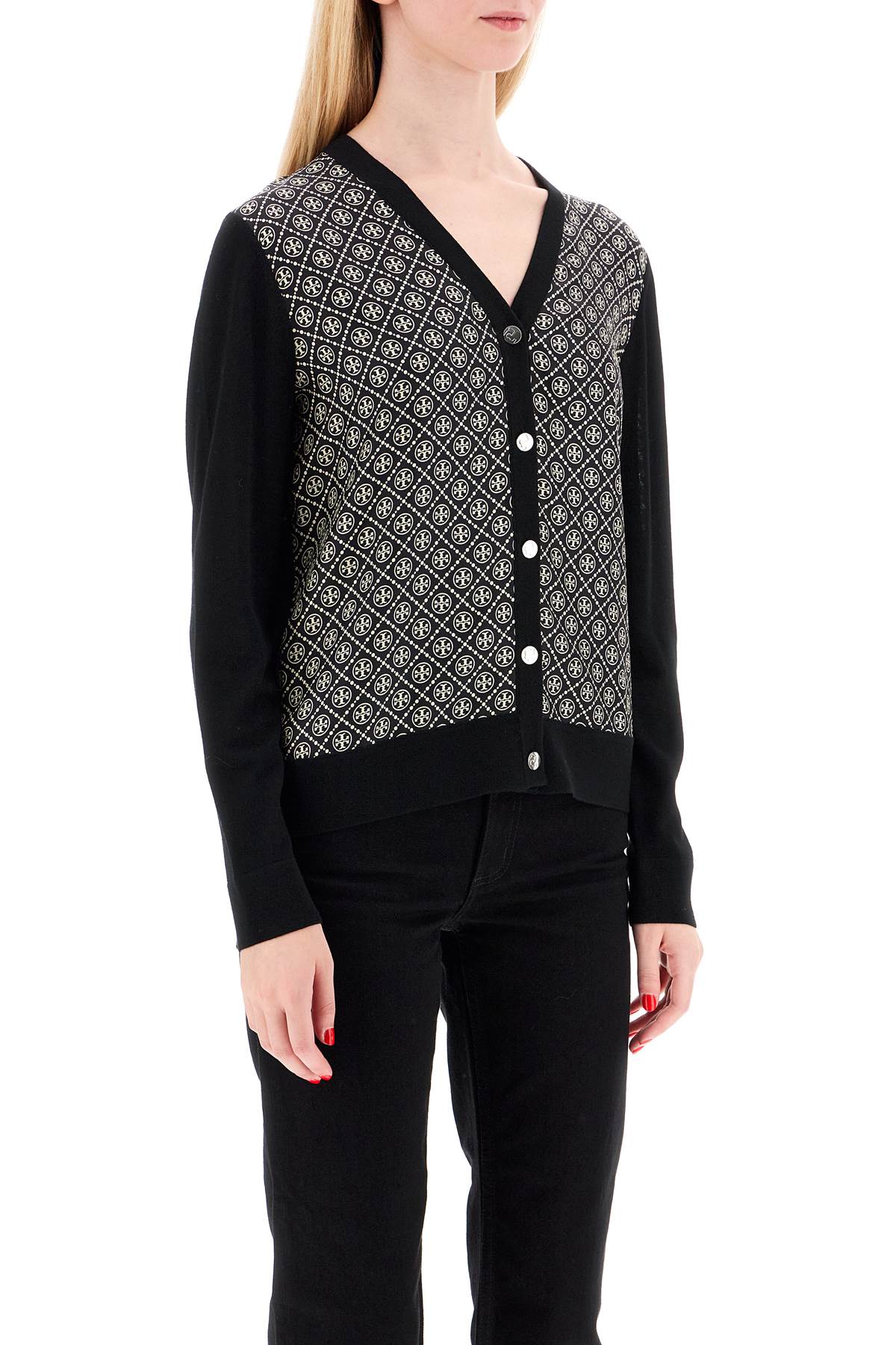 Tory Burch Silk Insert Cardigan With Eight In Black / Black T Monogram Mini (black)